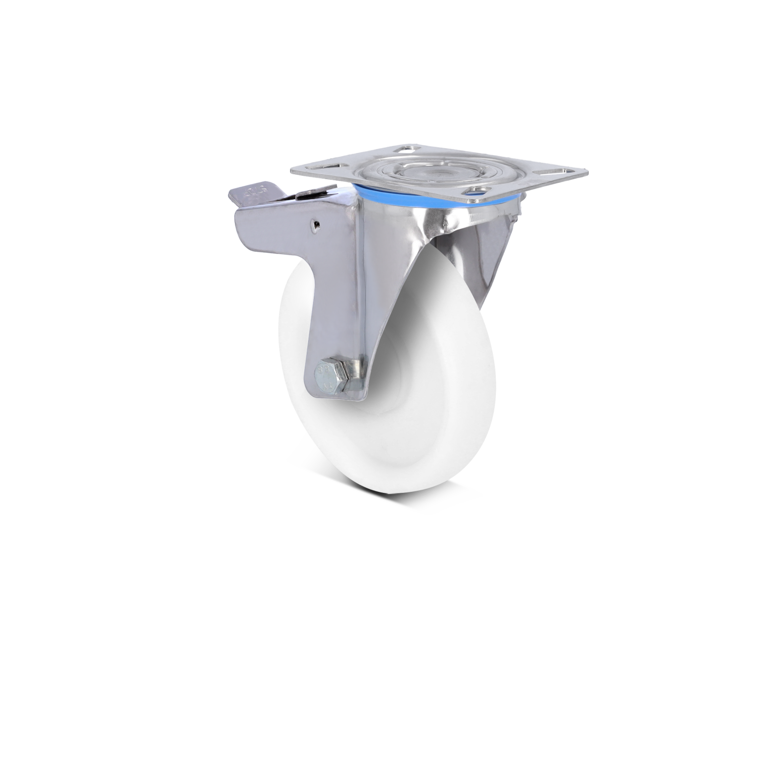 A swivel caster featuring a chrome-plated metal bracket and a white rubber wheel. The mounting plate allows attachment to various surfaces, providing mobility within industrial environments.
