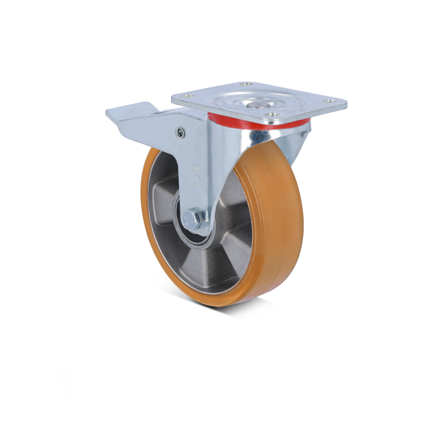 Een stevige zwenkwiel met een metalen bevestigingsplaat. De wielrubber is bruin en de wielnaaf is van gegoten metaal. Dit component is ontworpen voor sterke en duurzame toepassingen in intralogistiek.