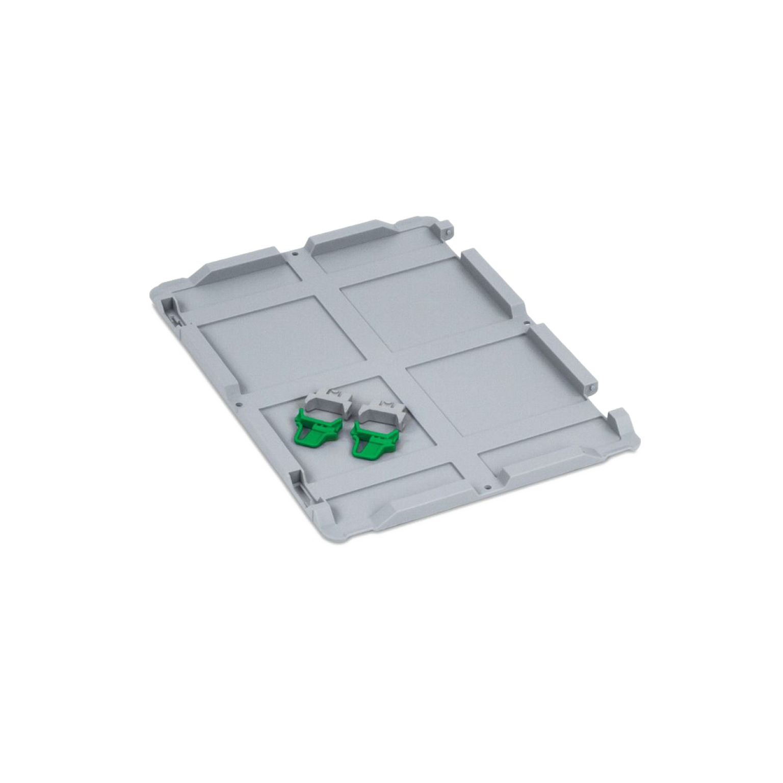 Gray plastic base plate featuring two gray and green fastening clips. The plate has a flat surface with reinforced edges and grid-like divisions. It is positioned on a plain background.
