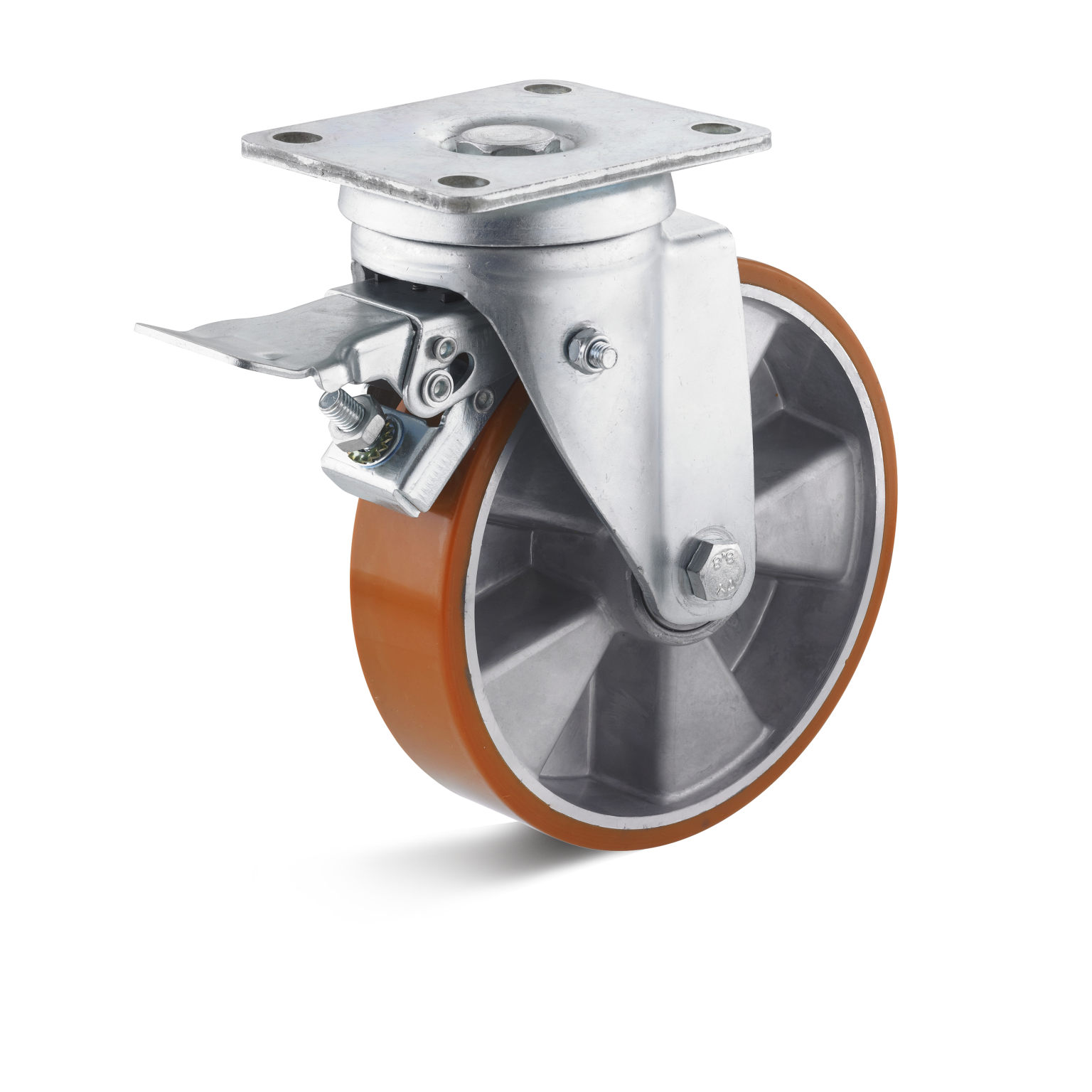 A swivel castor featuring a metal mounting plate, a sturdy metal housing, and an orange rubber wheel. The locking mechanism is visible on the side, positioned against a plain white background.