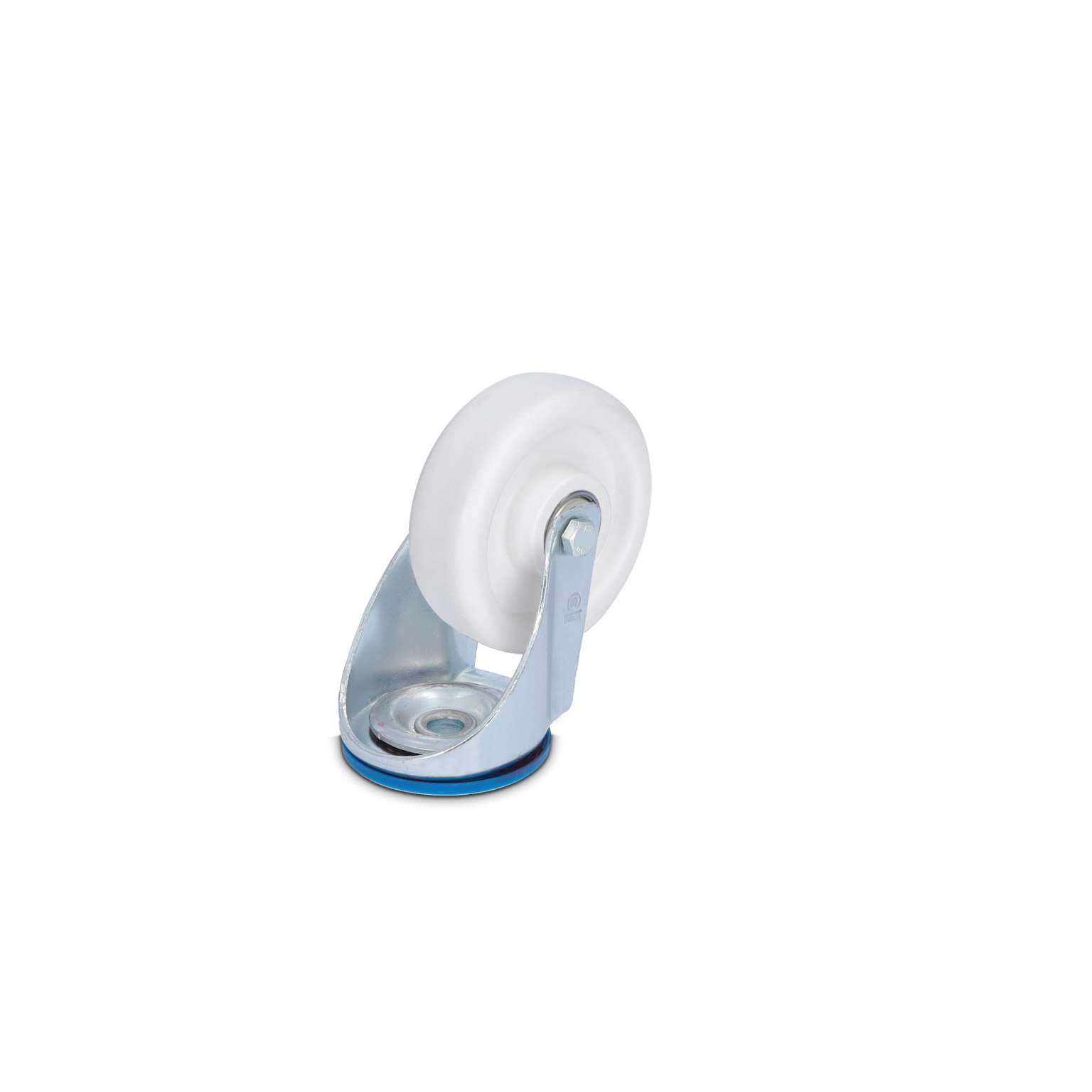 A rigid metal caster with a white plastic wheel. The wheel is mounted on a metallic bracket, featuring a silver finish, set against a contrasting dark background.