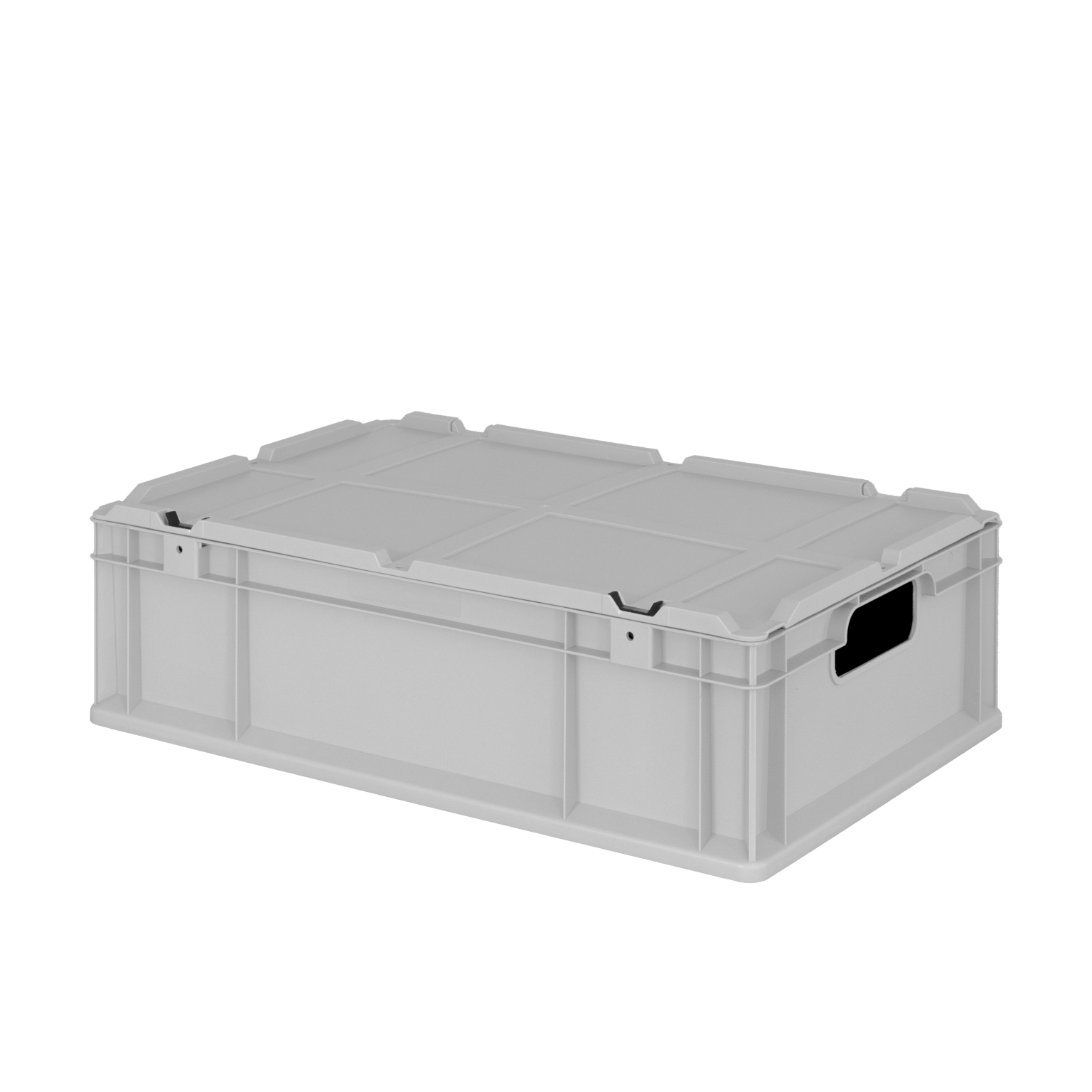 A gray plastic storage crate features a solid rectangular shape with a textured lid, recessed handles on each side, and reinforced corners. It is set against a plain background.