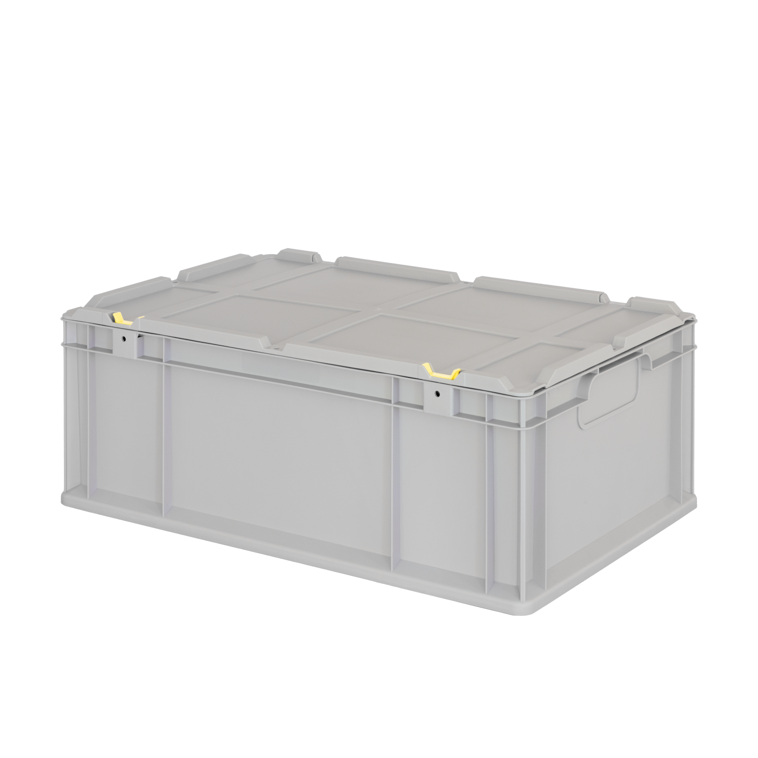 Transportbox aus grauem Kunststoff mit stabilen Seitenwänden und Deckel. An den Ecken sind gelbe Clips sichtbar. Die Box hat zwei seitliche Griffe zur einfachen Handhabung. Der Hintergrund ist schwarz.