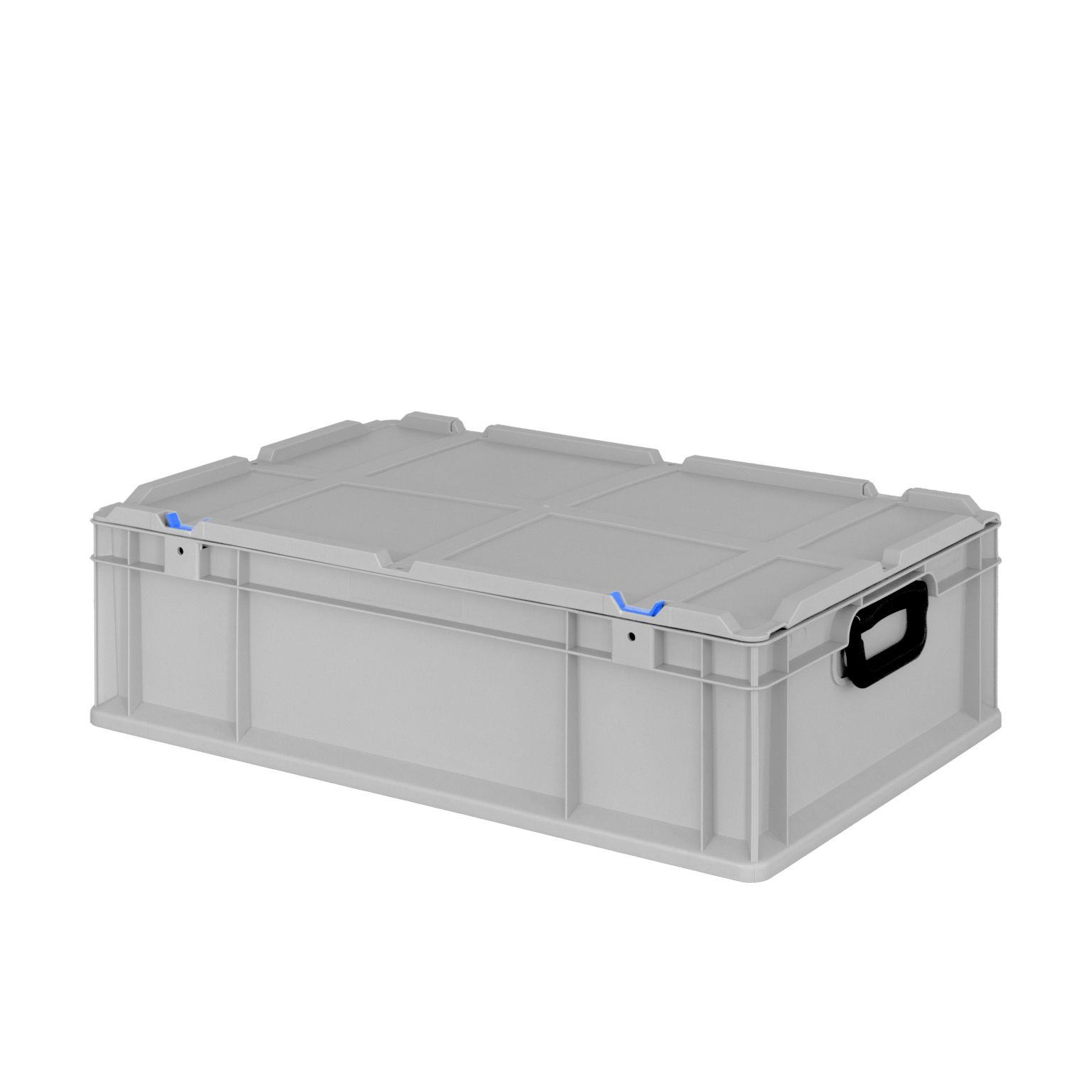 A rectangular gray plastic container features a secure lid and ergonomic side handles. It showcases blue accents on the corners, suggesting a design meant for durability and efficient handling in logistics environments.