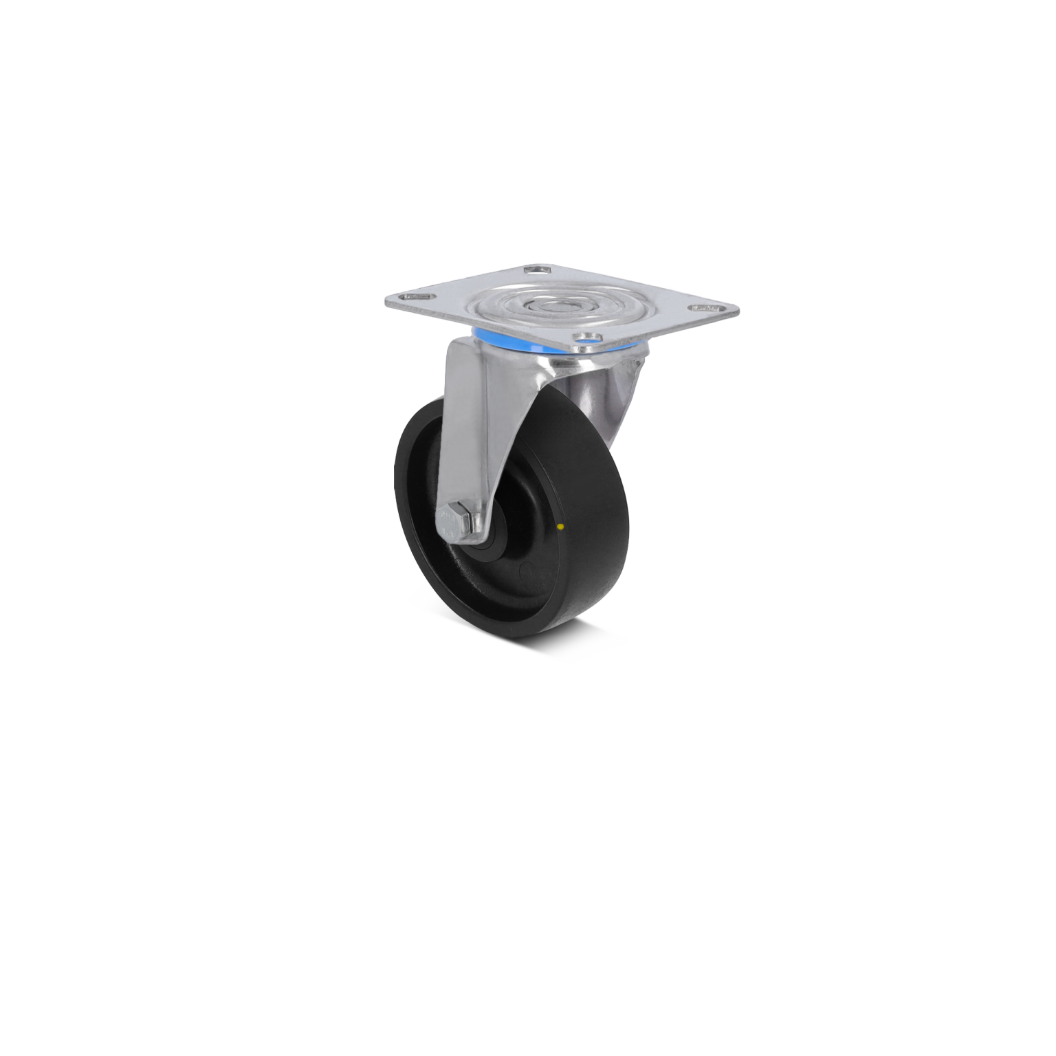 A black industrial wheel is mounted on a silver metal swivel plate. The wheel features a smooth surface and a yellow dot, suggesting design for mobility in material handling applications.