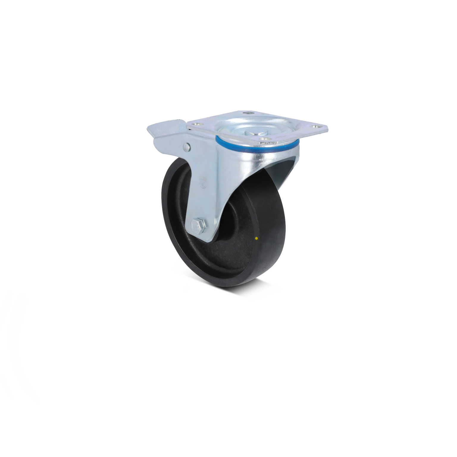 Zwenkwiel met een zwarte rubberen band en een metalen bevestigingsplaat. De plaat heeft een ronde opening voor montage. De omgeving is wit en neutraal, waardoor het wiel goed opvalt.