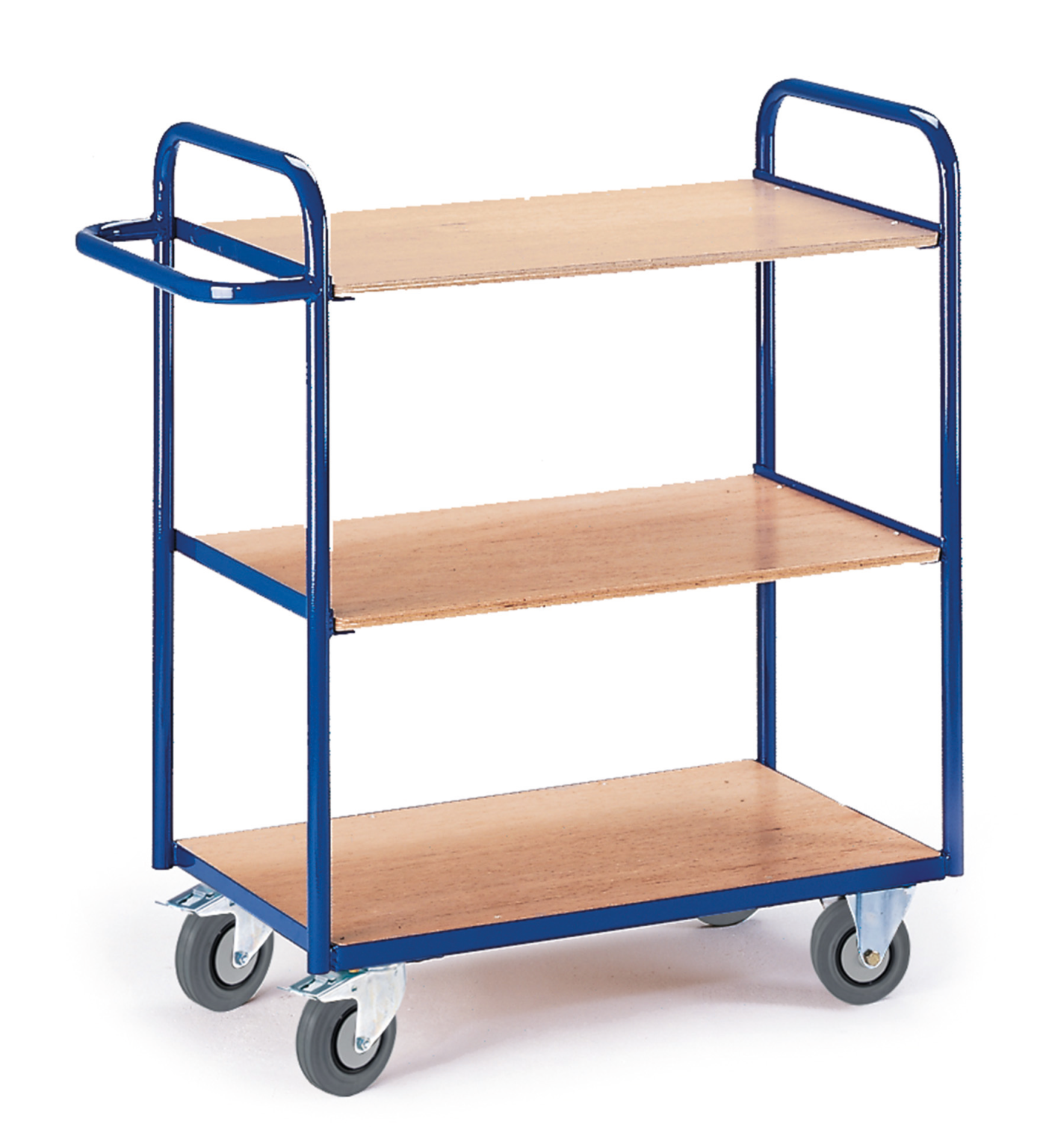 A three-shelf transport trolley features a blue metal frame with wooden shelves. It has a handle for maneuvering and rolls on four durable, gray swivel wheels, set against a plain background.