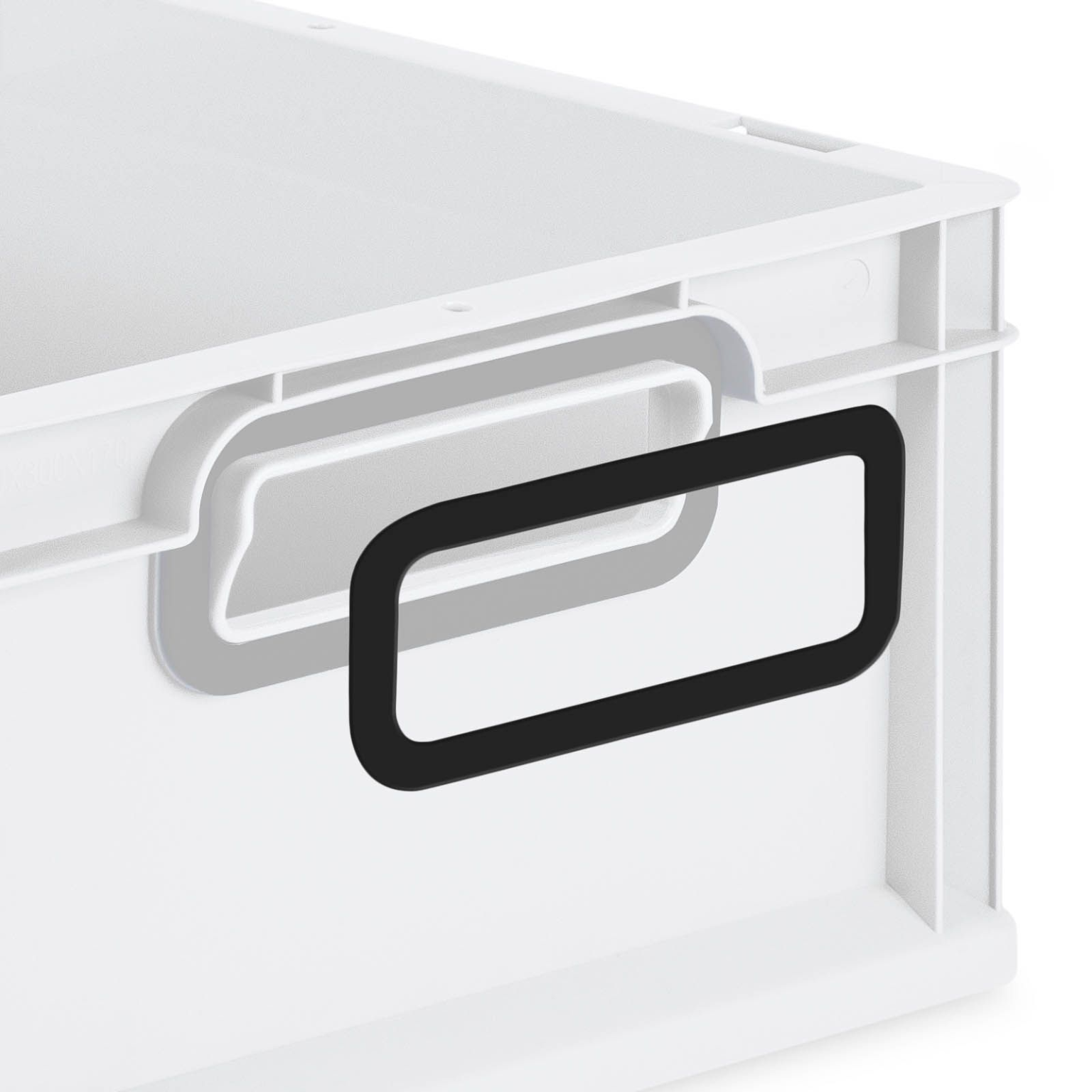 A white storage box features a prominent black handle attached to its side. The handle provides an ergonomic grip and is positioned within a cut-out, enhancing usability and access.