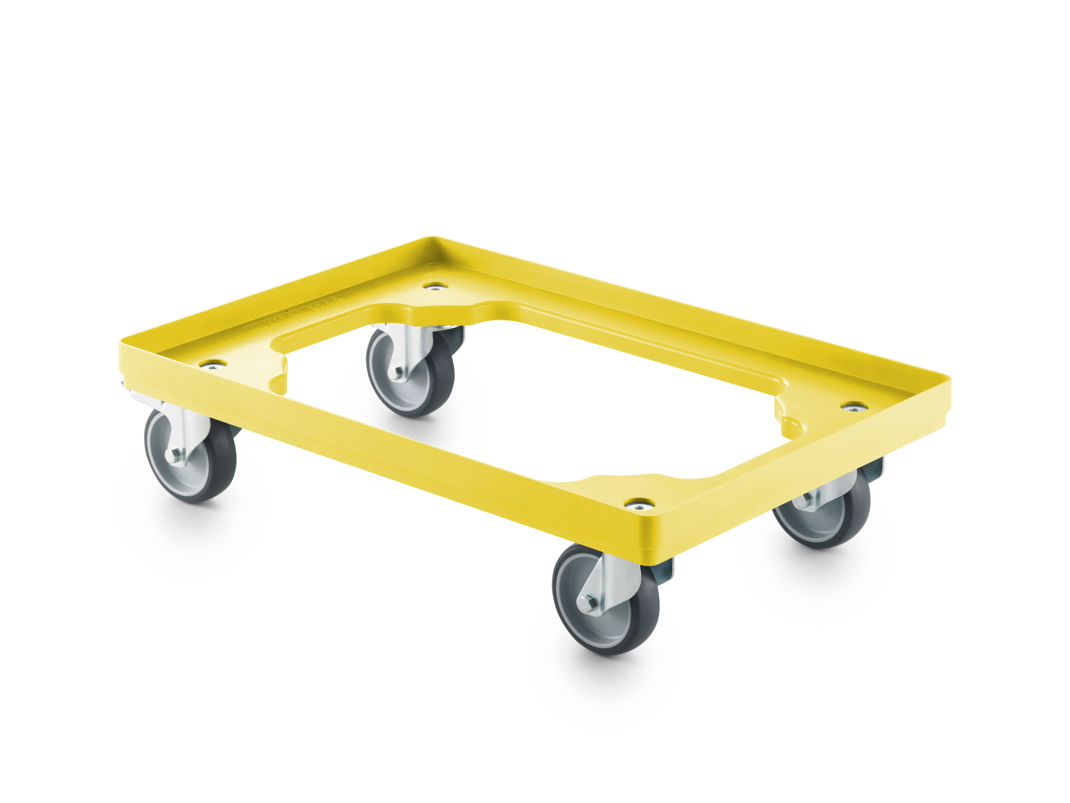 A yellow transport trolley features a rectangular platform with four swivel castors. The trolley is designed for easy mobility within an industrial environment, emphasizing efficiency in material handling.