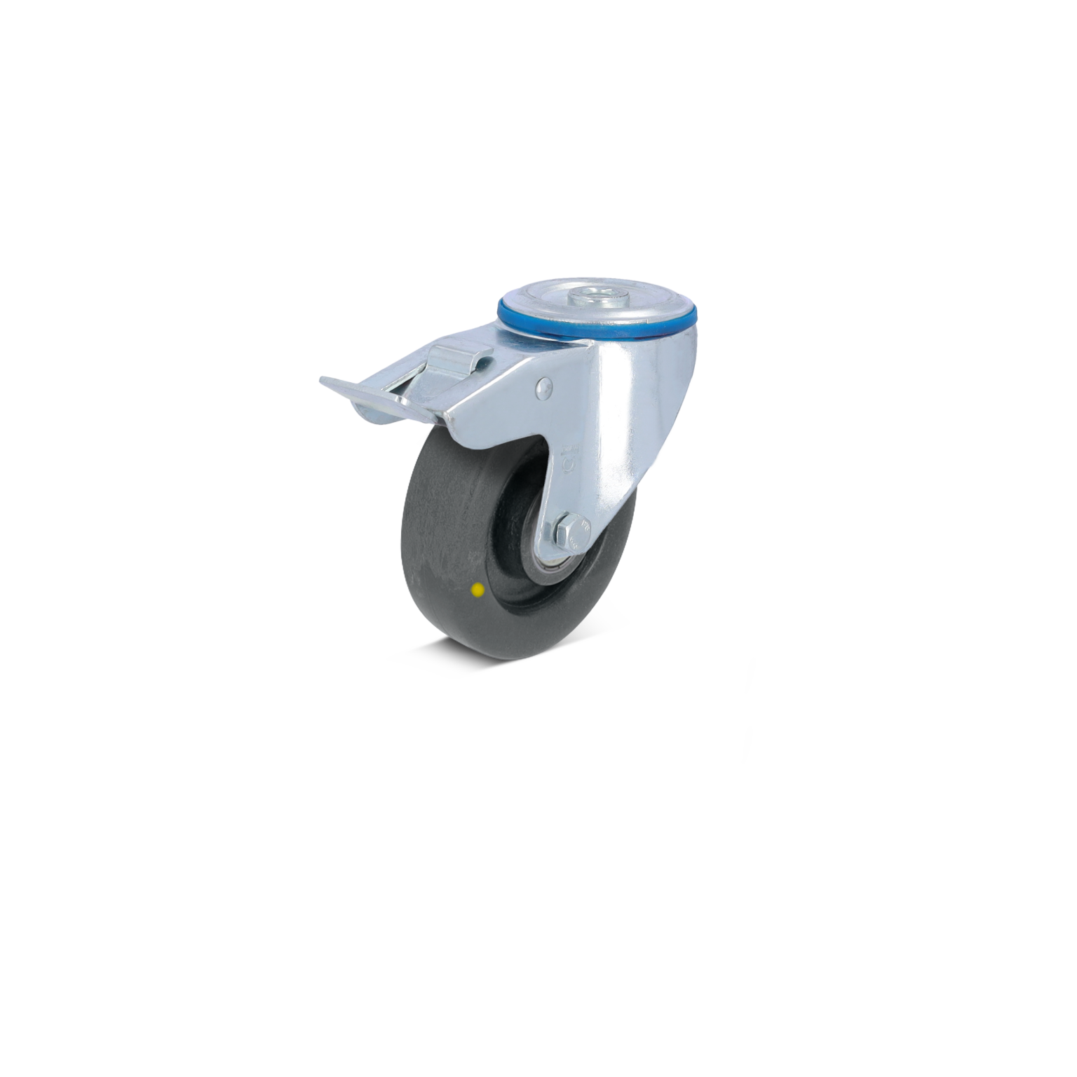 Zwenkwiel met een metalen bevestigingsplaat en rubberen band. De wielrand is blauw, en het wiel is in een rechte positie geplaatst op een neutrale achtergrond.