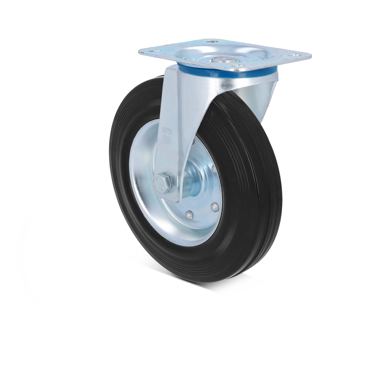 Zwenkwiel met een rubberen band en een metalen montagesteun. Het wiel is helder zichtbaar met een glanzende afwerking, geplaatst op een neutrale achtergrond.