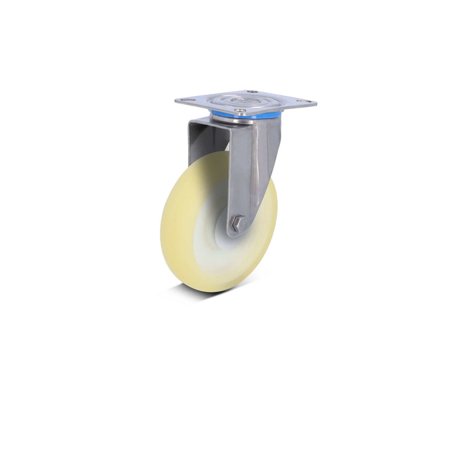 Ein Industriewagenrad mit einer glatten, hellen Kunststoffrolle, befestigt an einem stabilen Metallhalter. Es hat eine quadratische Montageplatte mit einer mittig platzierten Schraube.