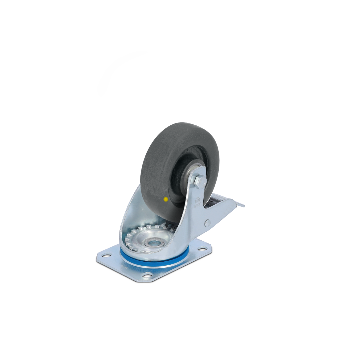 Zwenkwiel met een zwarte rubberen band, bevestigd aan een metalen beugel. Het heeft een ronde schijf met bevestigingsgaten en een blauwe ring op de basis. Achtergrond is neutraal.