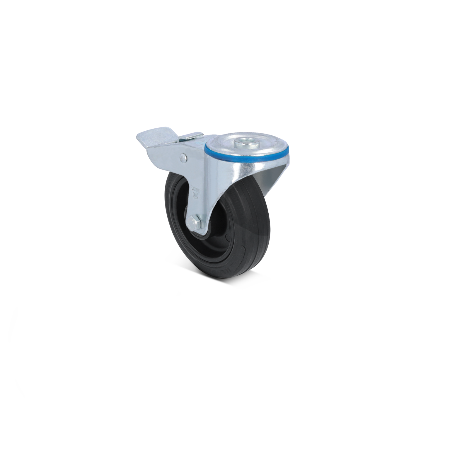 Zwenkwiel met rubberen band en metalen montageplaat. Het wiel is zwart met een blauwe ring en is gepositioneerd voor gebruik in transporttoepassingen.