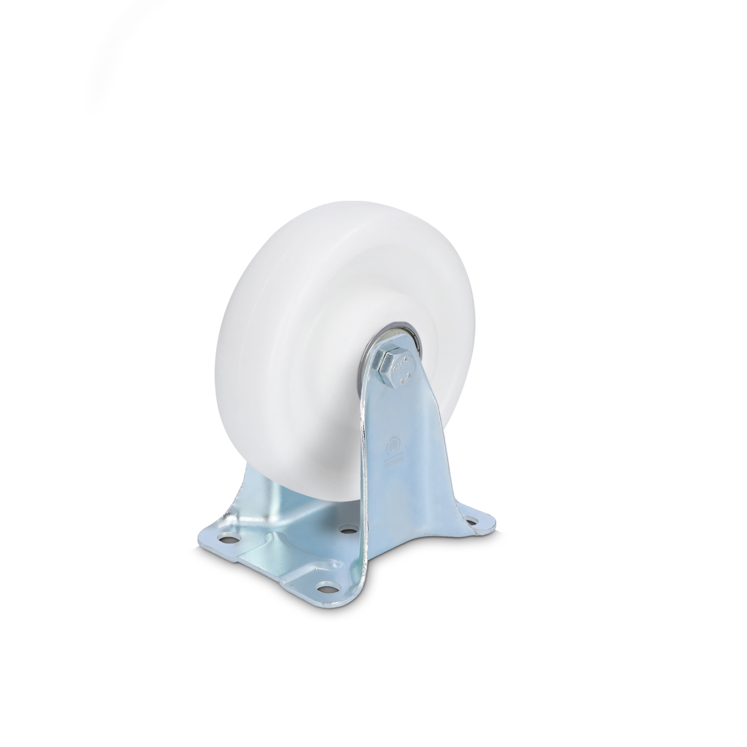 A white industrial wheel is mounted on a shiny metal bracket featuring multiple mounting holes. It is positioned upright against a plain black background, suitable for varied material handling applications.