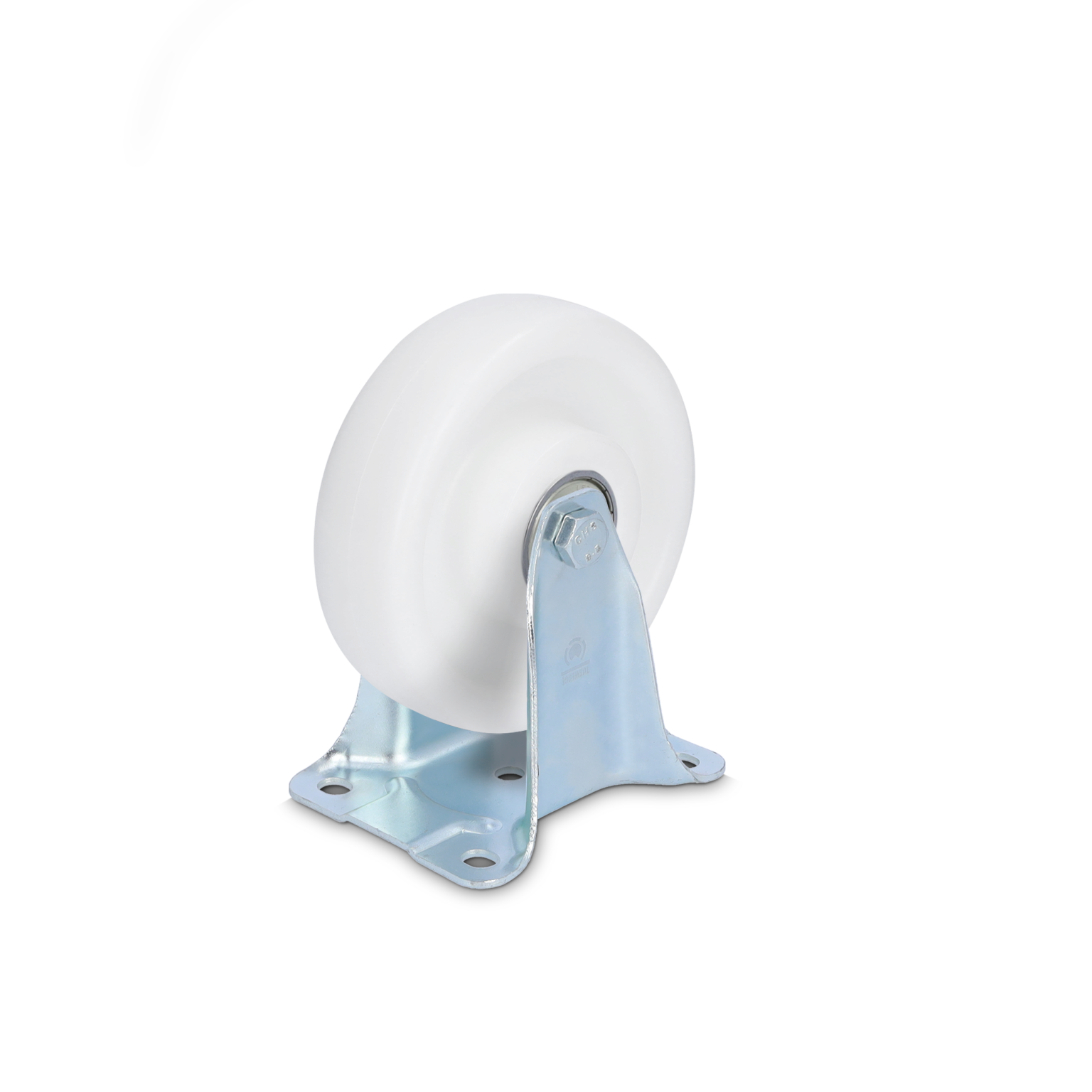 A white industrial wheel is mounted on a shiny metal bracket featuring multiple mounting holes. It is positioned upright against a plain black background, suitable for varied material handling applications.