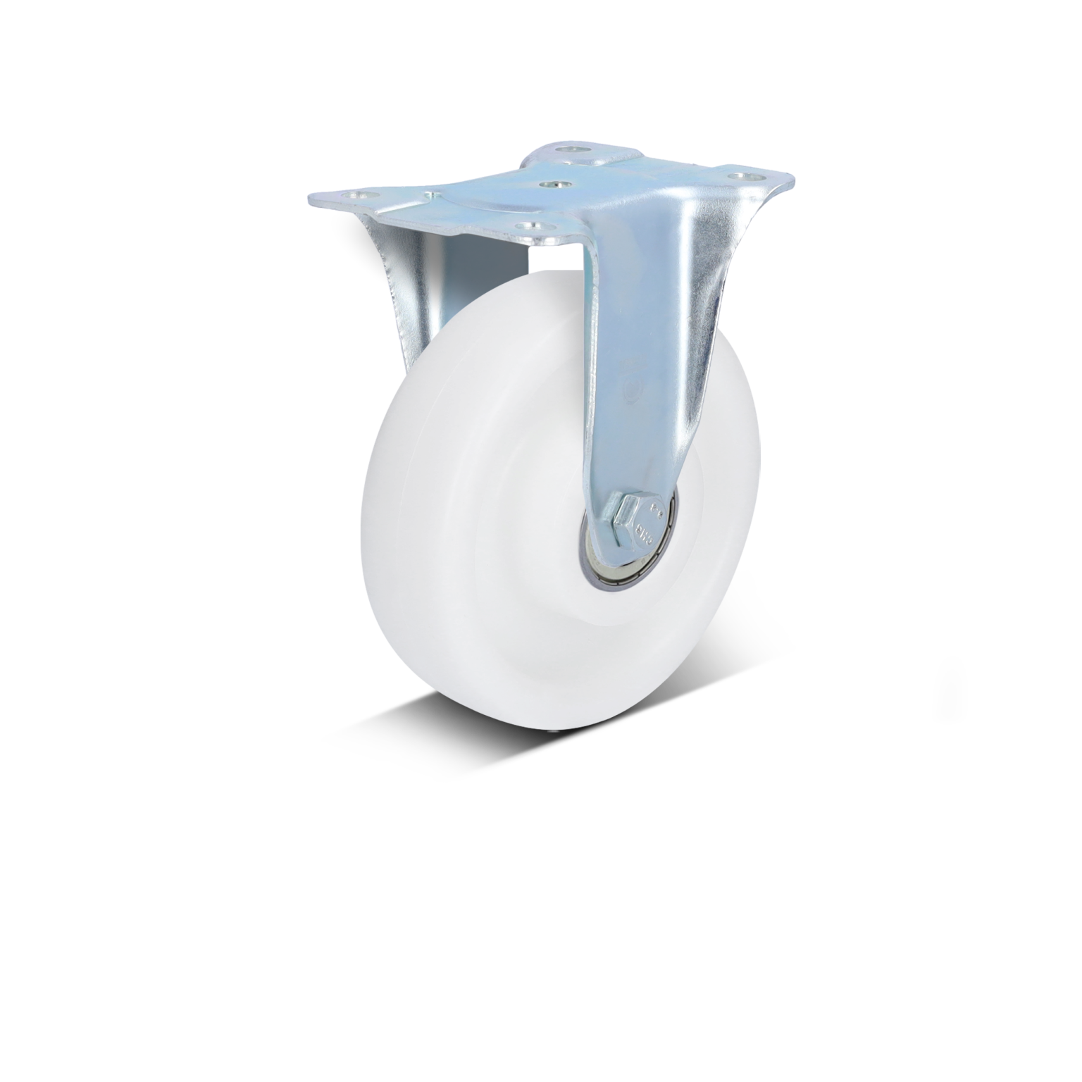 A white plastic wheel is attached to a metallic swivel plate. The wheel features a ball bearing at its center, designed for smooth movement. It is positioned against a neutral background.