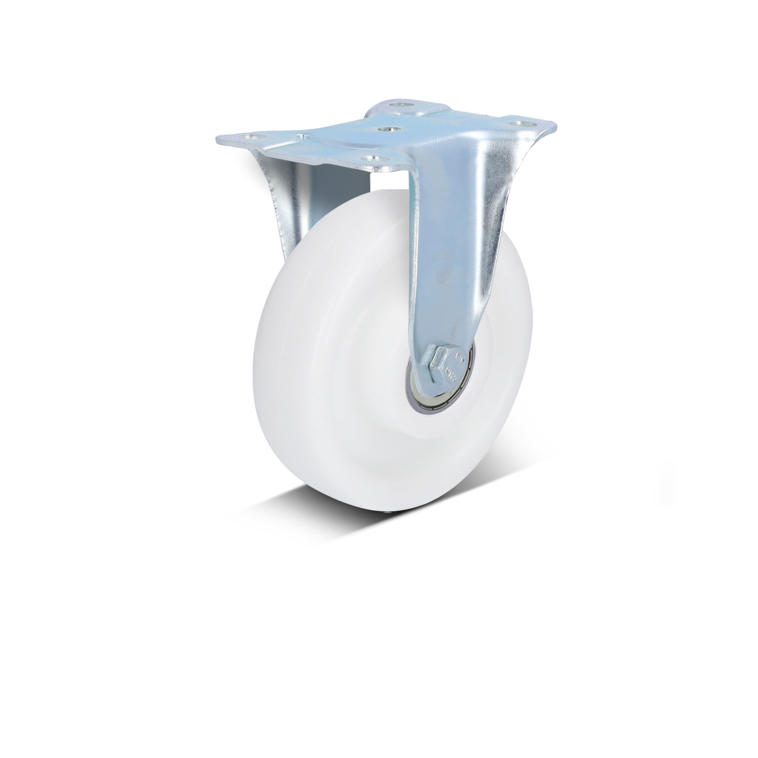 A white plastic wheel is attached to a metallic swivel plate. The wheel features a ball bearing at its center, designed for smooth movement. It is positioned against a neutral background.