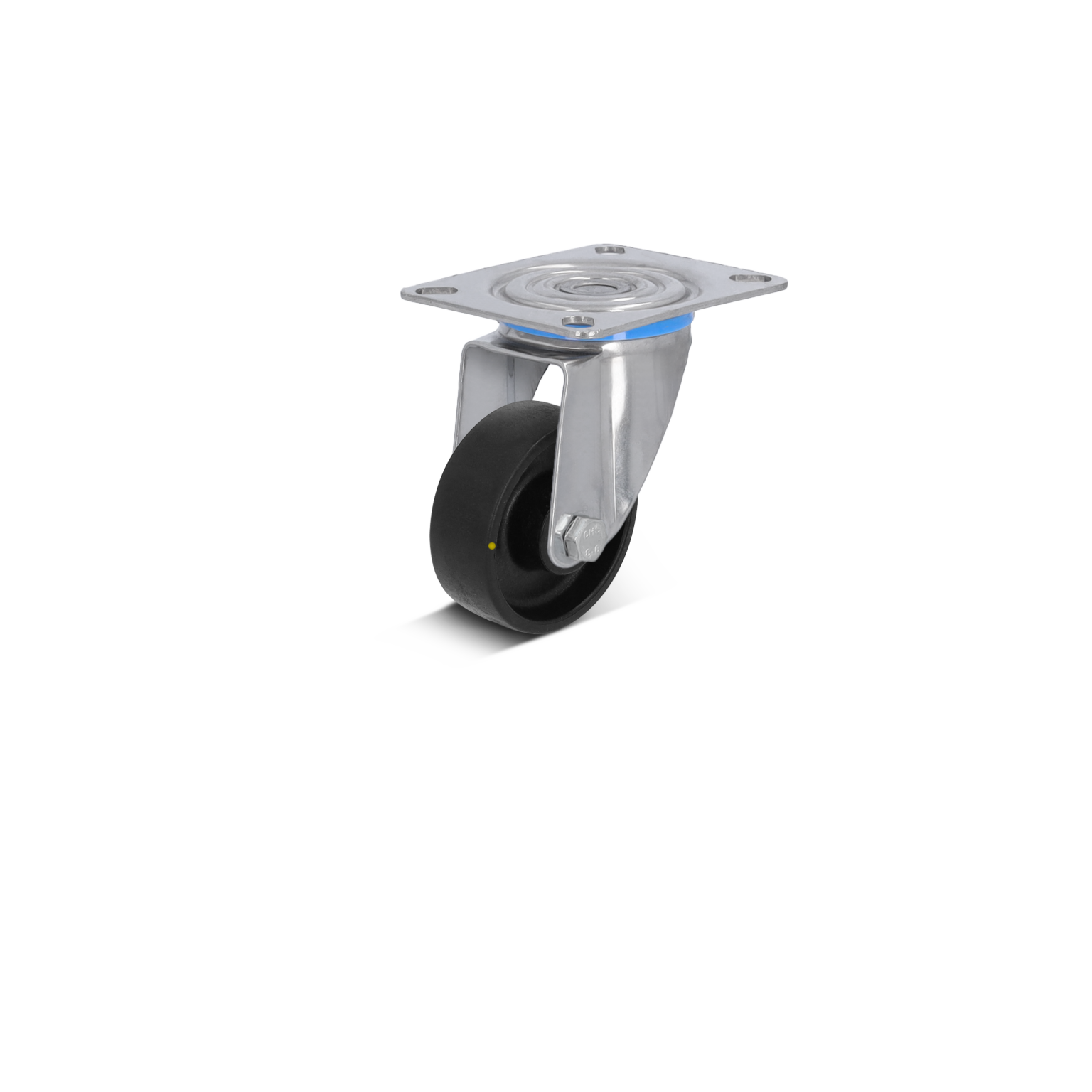 A swivel castor with a metal mounting plate features a black rubber wheel. It is positioned upright, highlighting its structural components against a plain background.