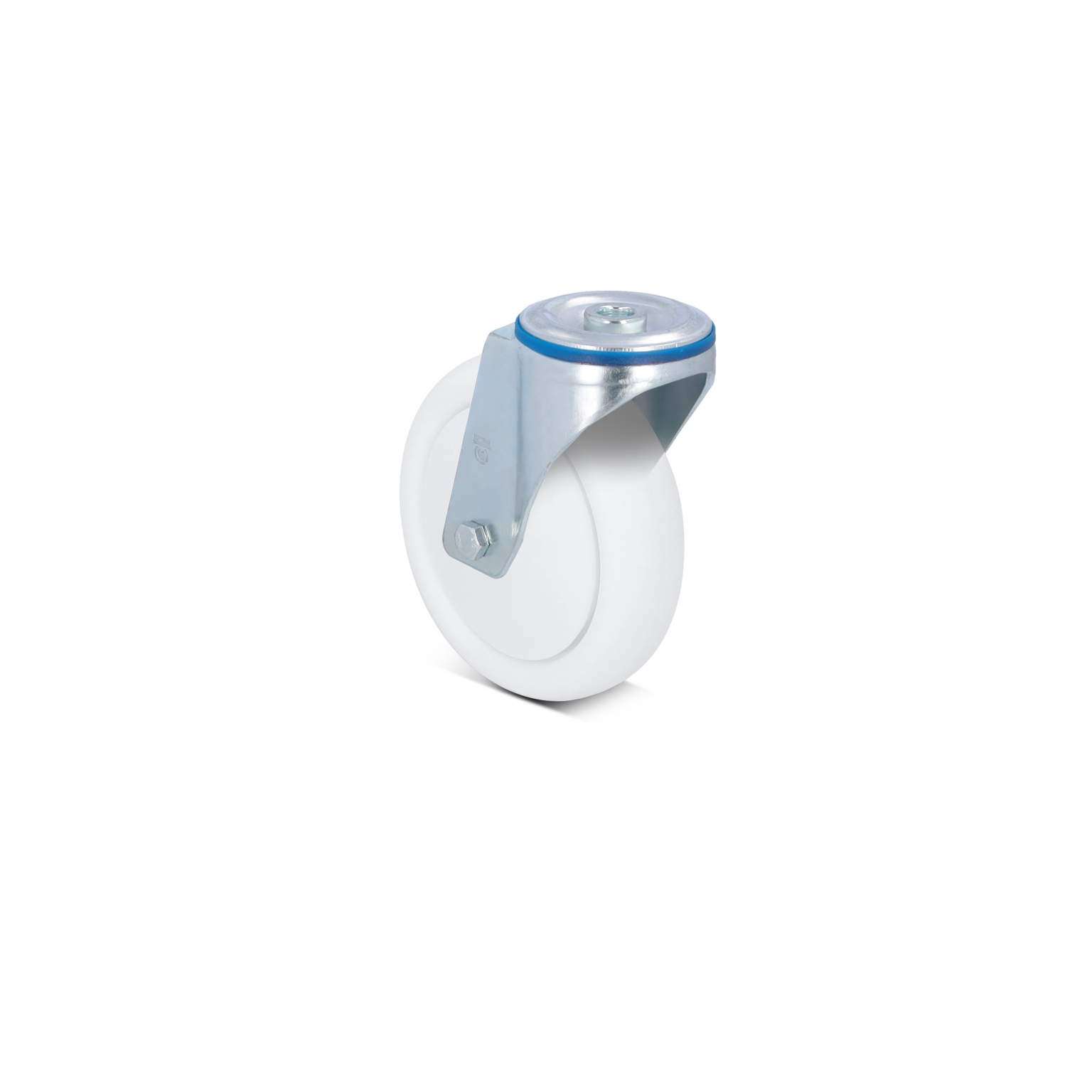A white industrial wheel attached to a metal bracket with a mounting plate. The wheel is designed for smooth movement and is positioned in a neutral background, emphasizing its structure and materials.
