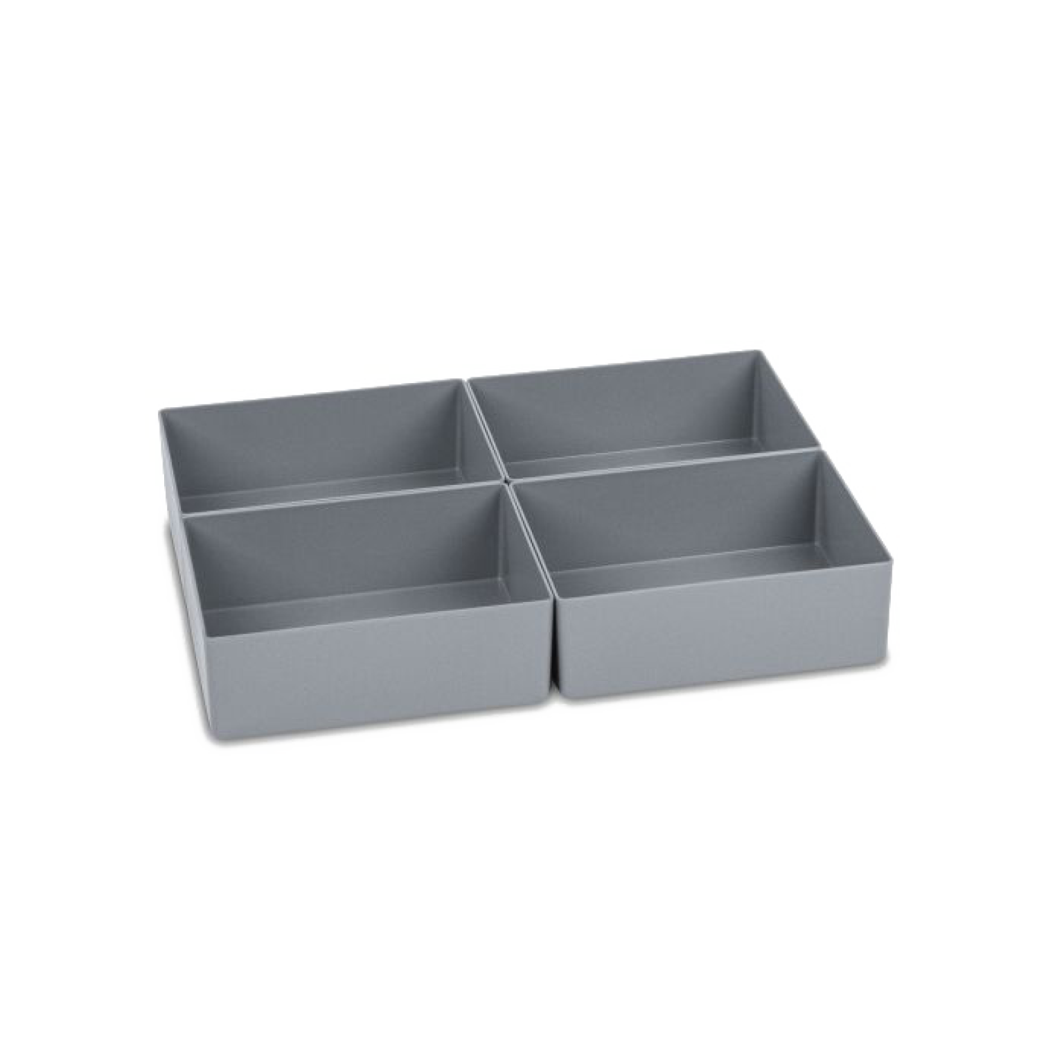 Four rectangular gray plastic storage bins are arranged in a grid formation, each featuring a divider creating separate compartments within. The bins have clean edges and a smooth surface, placed on a plain background.