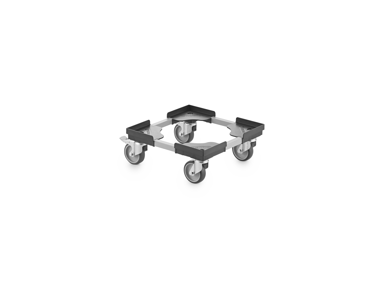 A rectangular transport dolly features a robust frame with mounted swivel castors on each corner. Its design is suited for moving heavy items efficiently in an industrial setting.