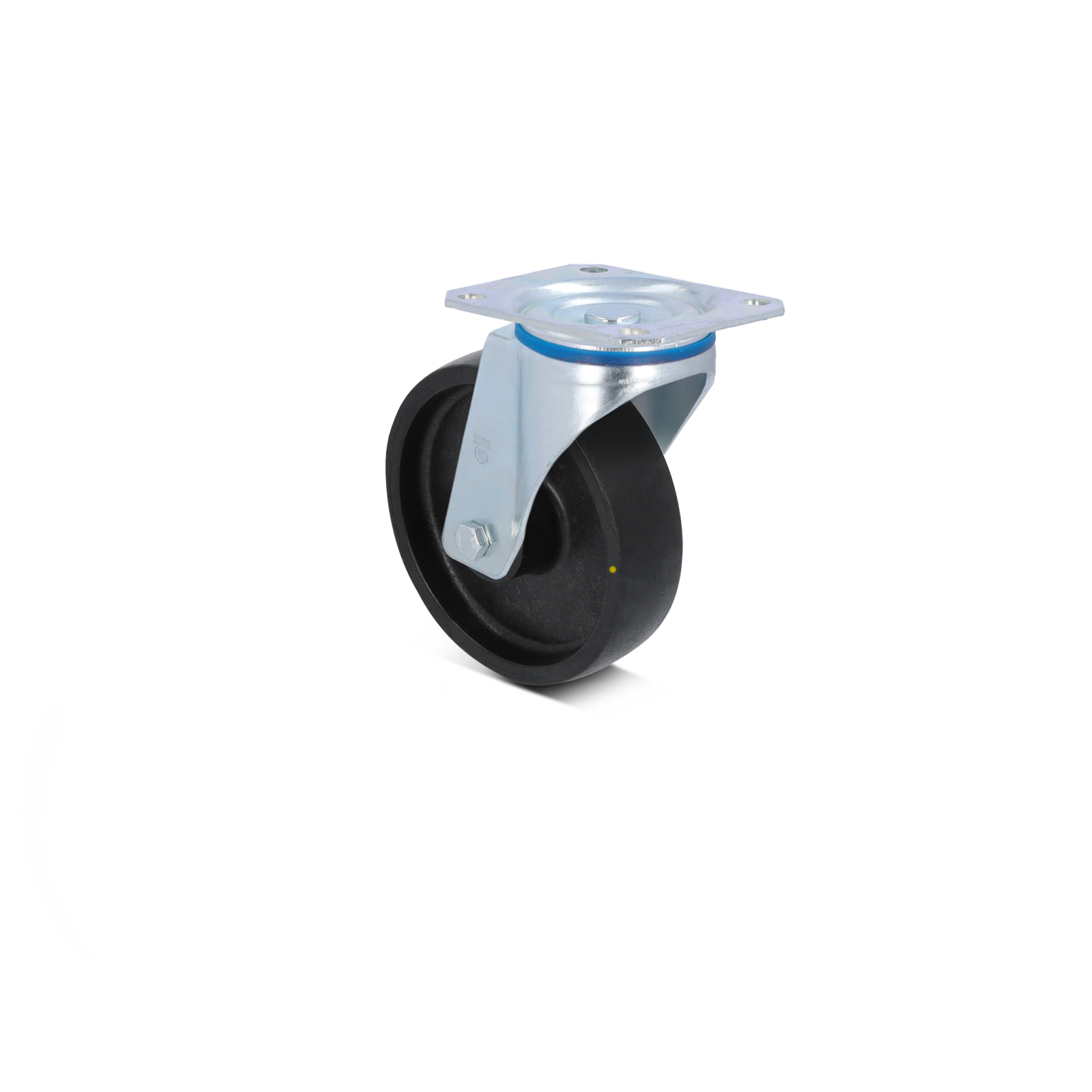 Zwart rubber wiel met een metalen boutplaat. Het heeft een glanzend oppervlak en een stevige bevestiging aan de bovenzijde. De achtergrond is onduidelijk en sterk contrasterend.