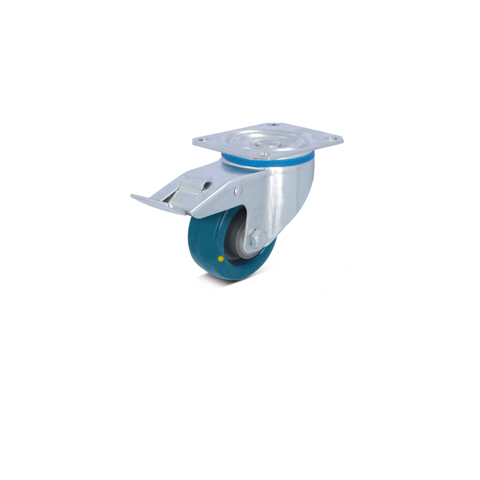 Een industrieel wiel met een metalen montageplaat en een blauwe rubberen band. Het wiel is bevestigd aan een glanzende, zilverkleurige schijf. De achtergrond is eenvoudig en onopvallend.