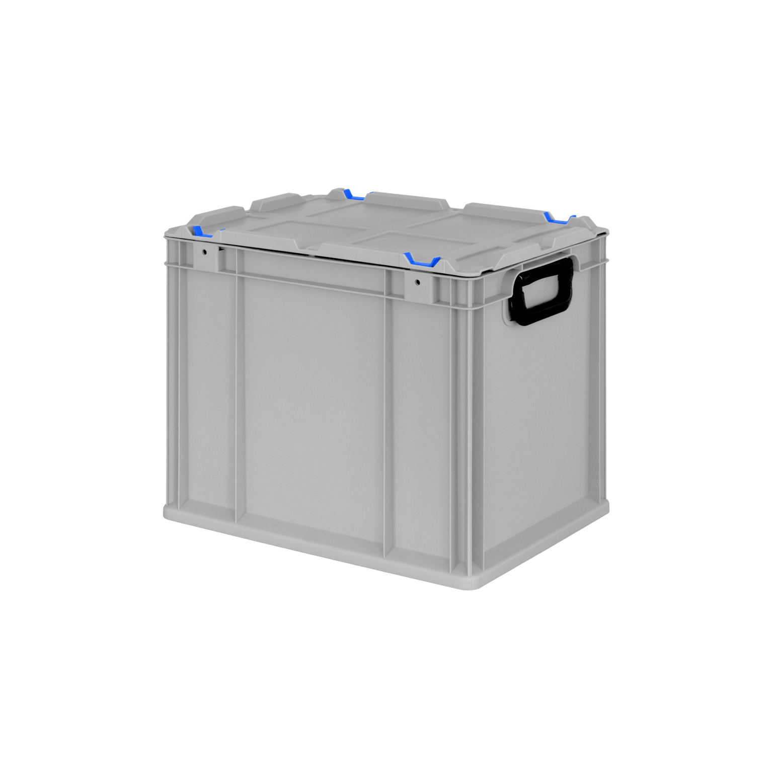 Graue Transportbox mit einem stabilen Deckel, seitlichen Griffen zur Handhabung und blauen Designelementen. Sie steht auf einem neutralen Hintergrund, ideal für Lager- und Logistikverfahren.