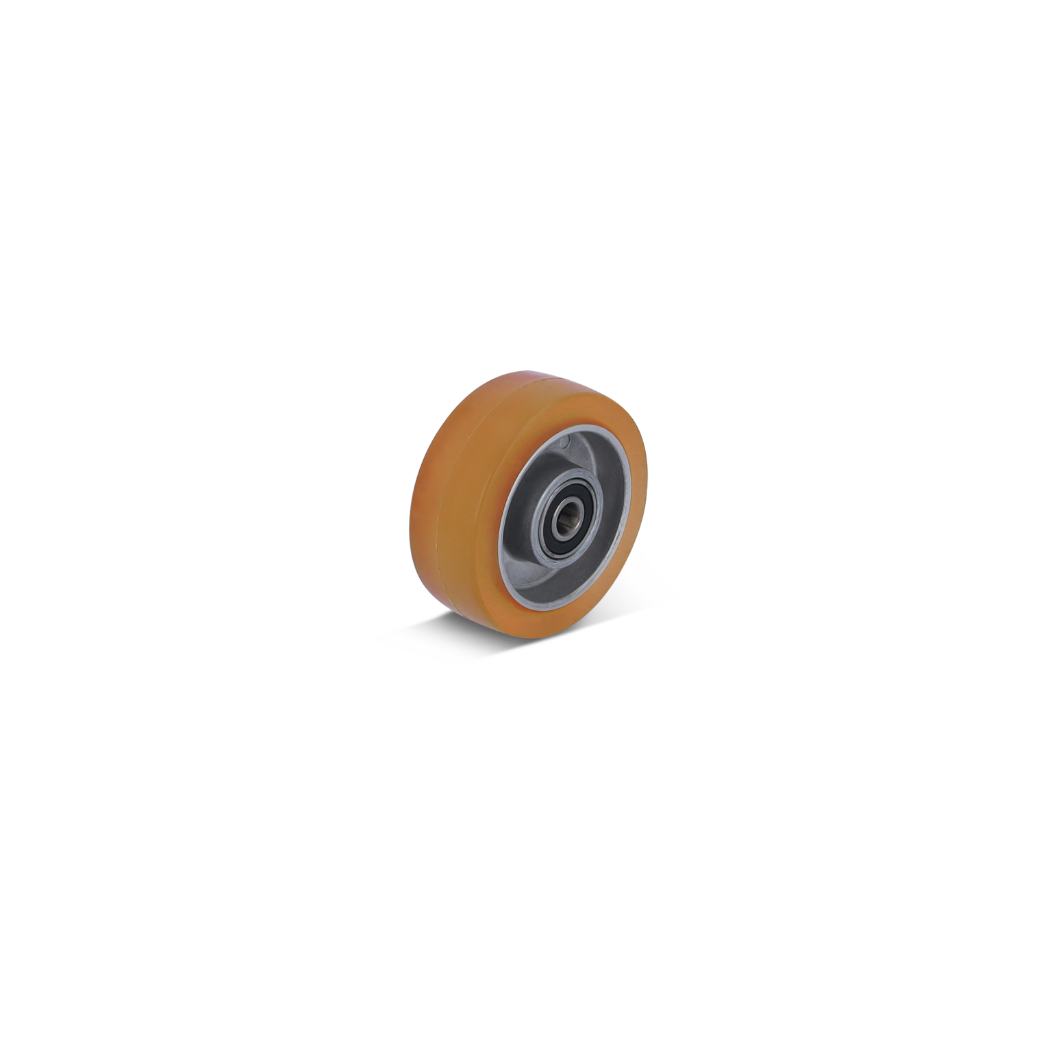 Een industriële wieltje met een oranje rubberen buitenkant en een metalen binnenste. Het is licht gebogen en staat zelfstandig op een vlakke ondergrond.