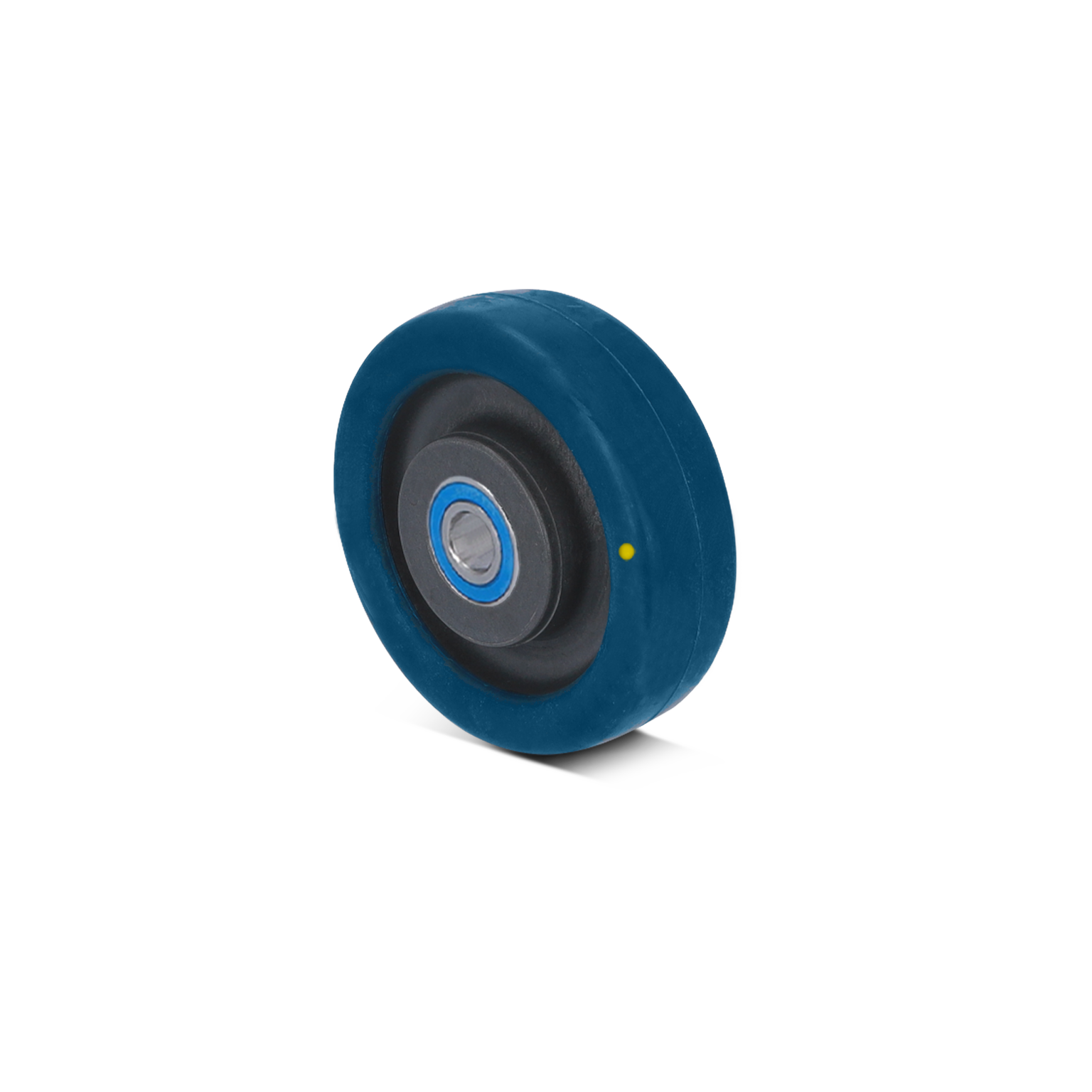 Blauwe industriewiel met een zwarte rubberen rand en een metalen lager in het midden. Het bevindt zich op een neutrale achtergrond, waardoor het duidelijk zichtbaar is.