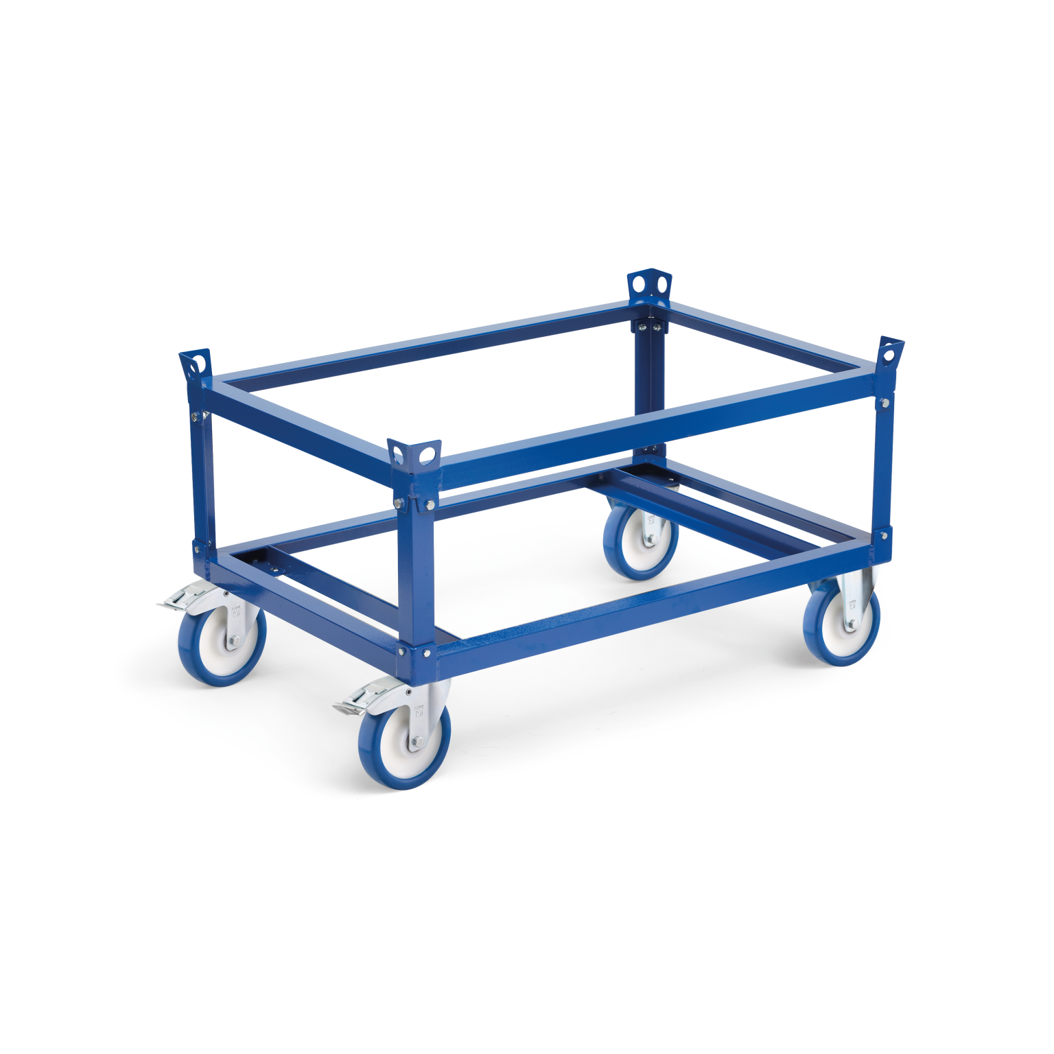 A blue metal transport trolley features a rectangular frame with four large wheels, two with brakes. It is positioned on a plain white background, emphasizing its industrial design.