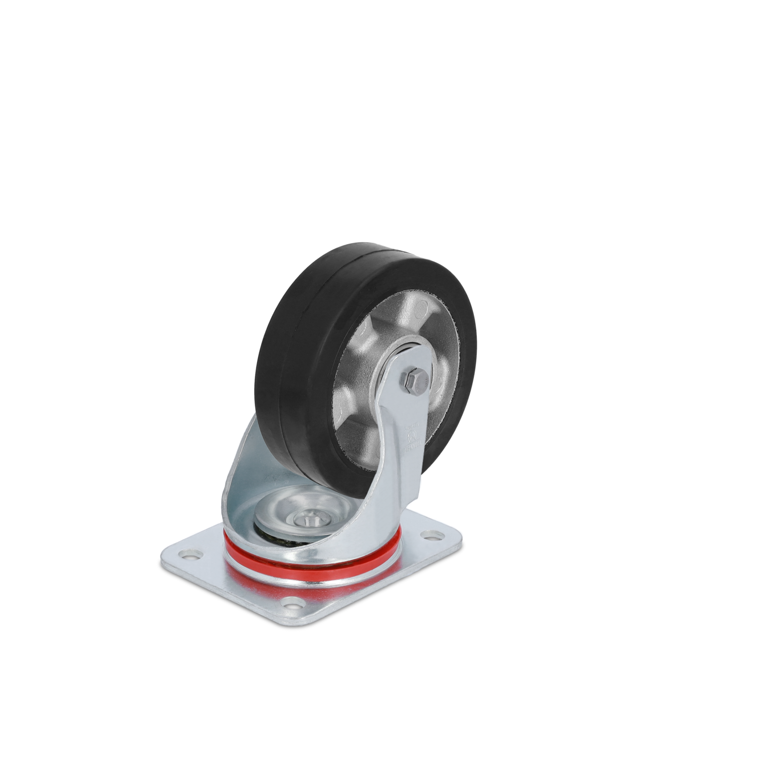 Black rubber wheel mounted on a metallic swivel bracket with a red rubber ring. The base is square with four holes for attachment, set against a plain background.
