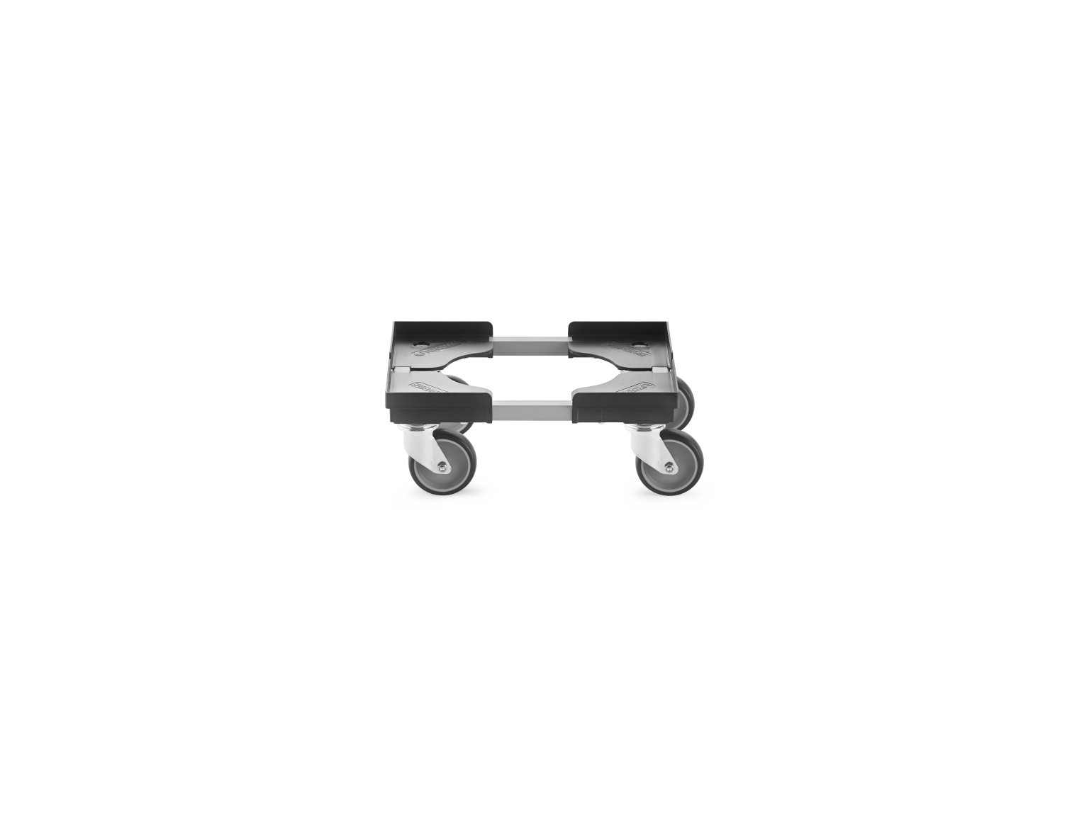 A transport trolley features two wheels and two swivel castors, constructed from metal with a sleek finish. It is positioned on a neutral background, emphasizing its industrial design.