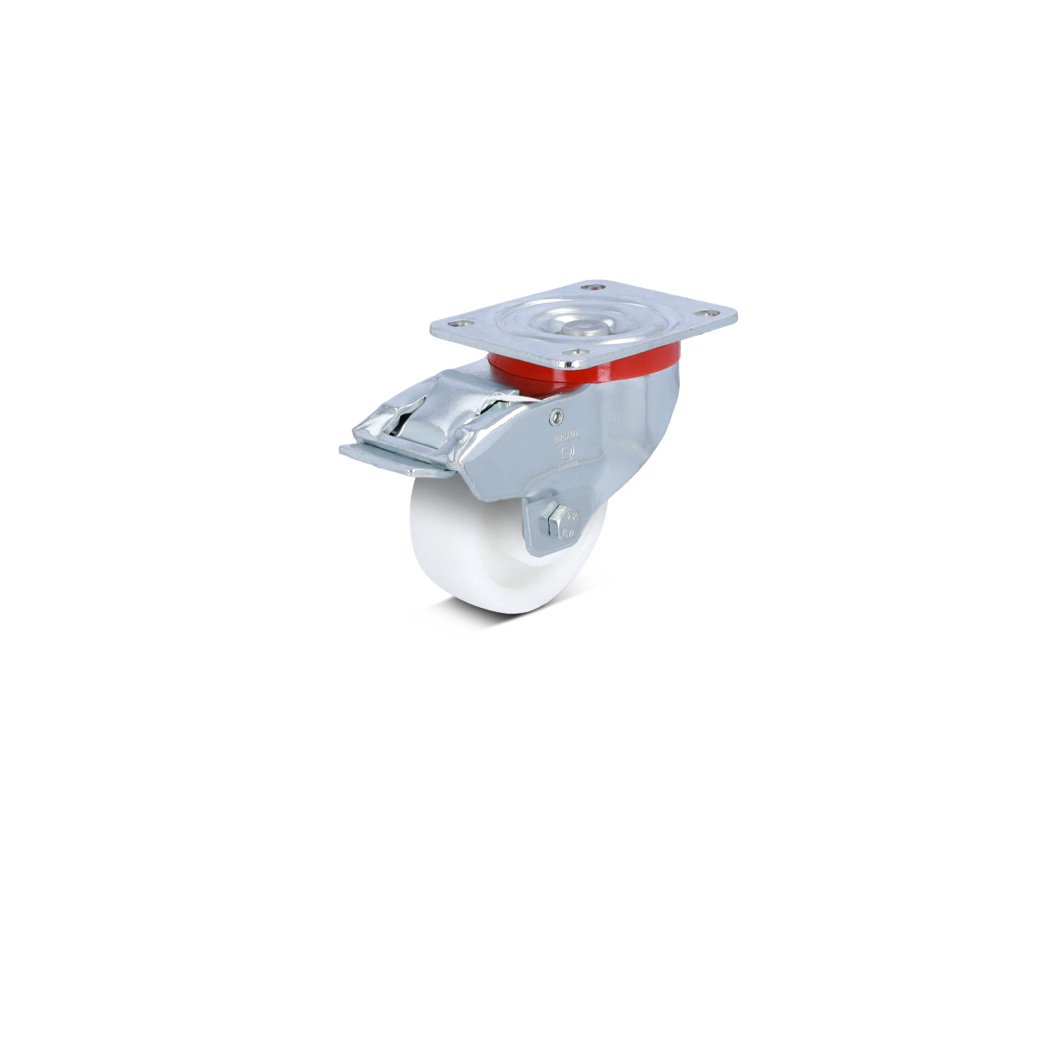 A swivel castor is shown with a white wheel and a durable metal mounting plate. It features a locking mechanism and is positioned against a plain background, highlighting its industrial design.