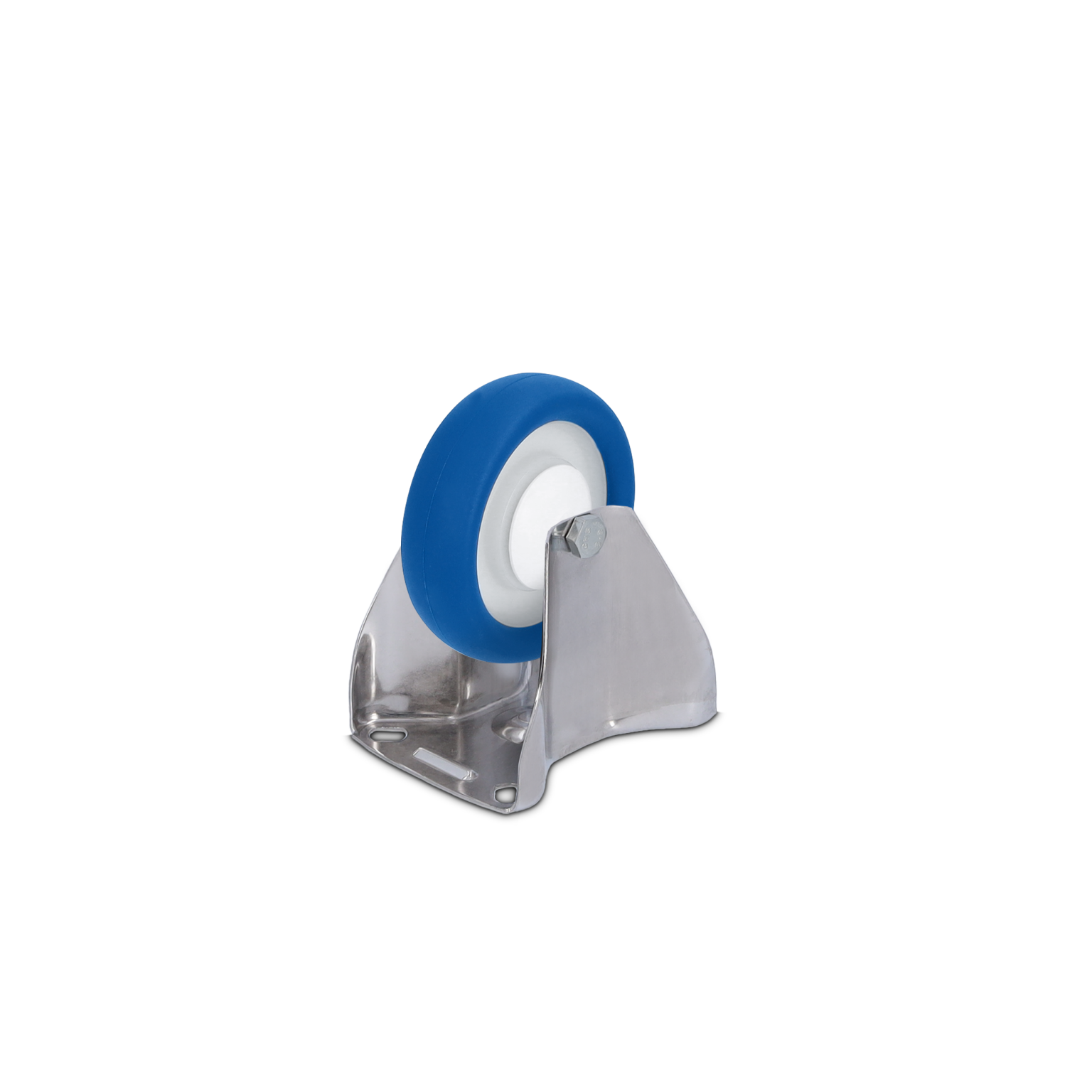 Lichtblauw rubberwiel gemonteerd op een metalen bevestigingsplaat. Het wiel heeft een witte kern en is ontworpen voor gebruik in industriële omgevingen. De achtergrond is zwart.