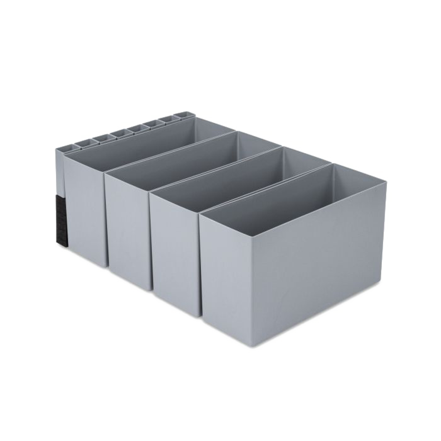 Gray plastic storage organizer with four compartments, featuring a smooth finish and a textured side for grip. It-s designed for efficient storage and arrangement of various items.