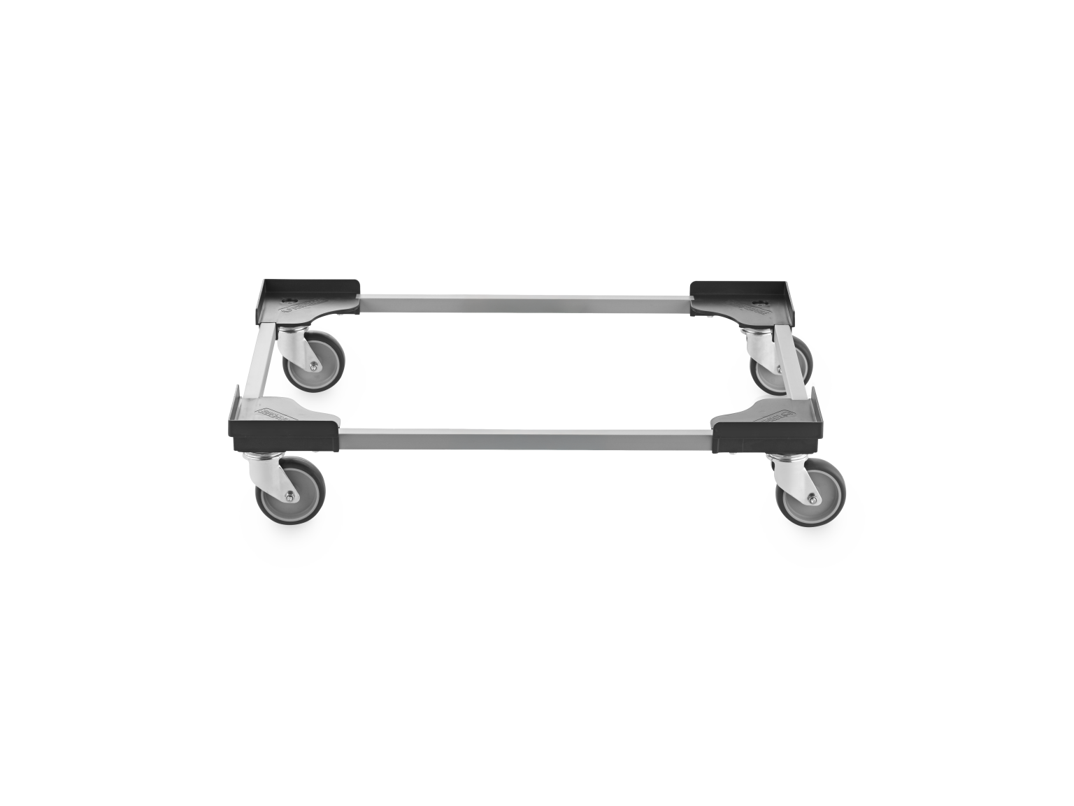 A transport trolley frame with four swivel castors is positioned horizontally. The frame features a sturdy design with black plastic corners and a metallic body, set against a plain white background.