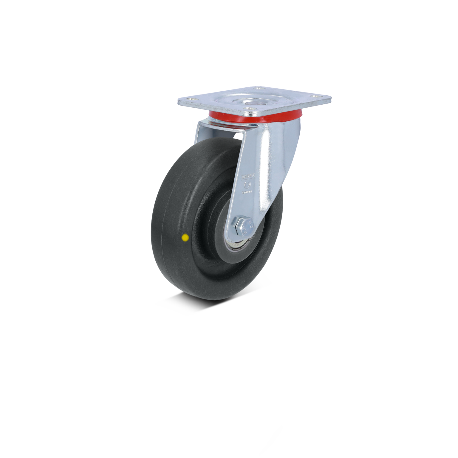 A black wheel with a metallic, swivel mounting plate featuring a red accent. It-s positioned upright, highlighting the wheel-s smooth surface designed for easy maneuverability in industrial settings.