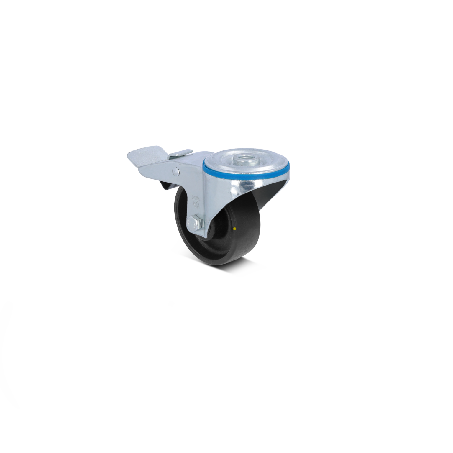 Zwart rubberen zwenkwiel met een metalen bevestigingsbeugel. Het wiel heeft een glanzende metalen rand en een blauwe ring. Achtergrond is eenvoudig en egaal.
