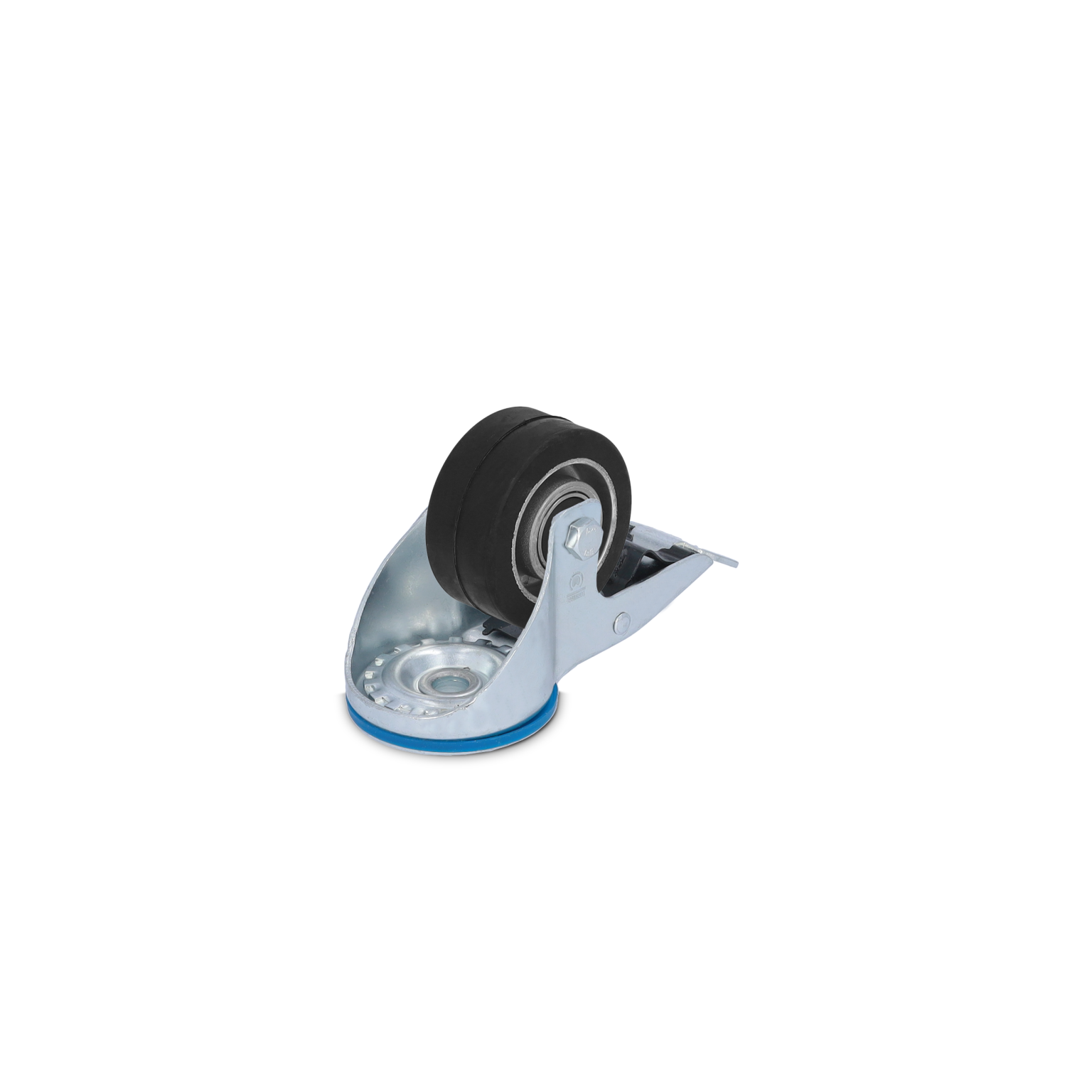 Schwarze Gummirad auf einer metallischen Halterung mit einem zentralen Lager. Die Halterung hat eine silberne Farbe und eine blaue Kante, umgeben von einem neutralen Hintergrund.