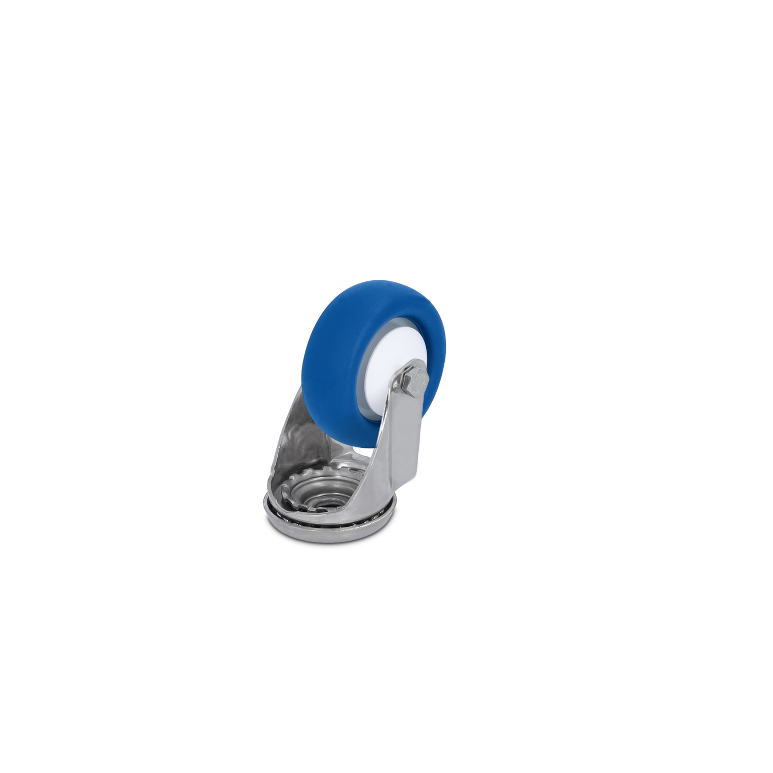 Blauwe rubberen wielen met een witte kern worden bevestigd aan een metalen basisbeugel. De wielen zijn ontworpen voor gebruik in industriële toepassingen en zijn zichtbaar op een zwarte achtergrond.