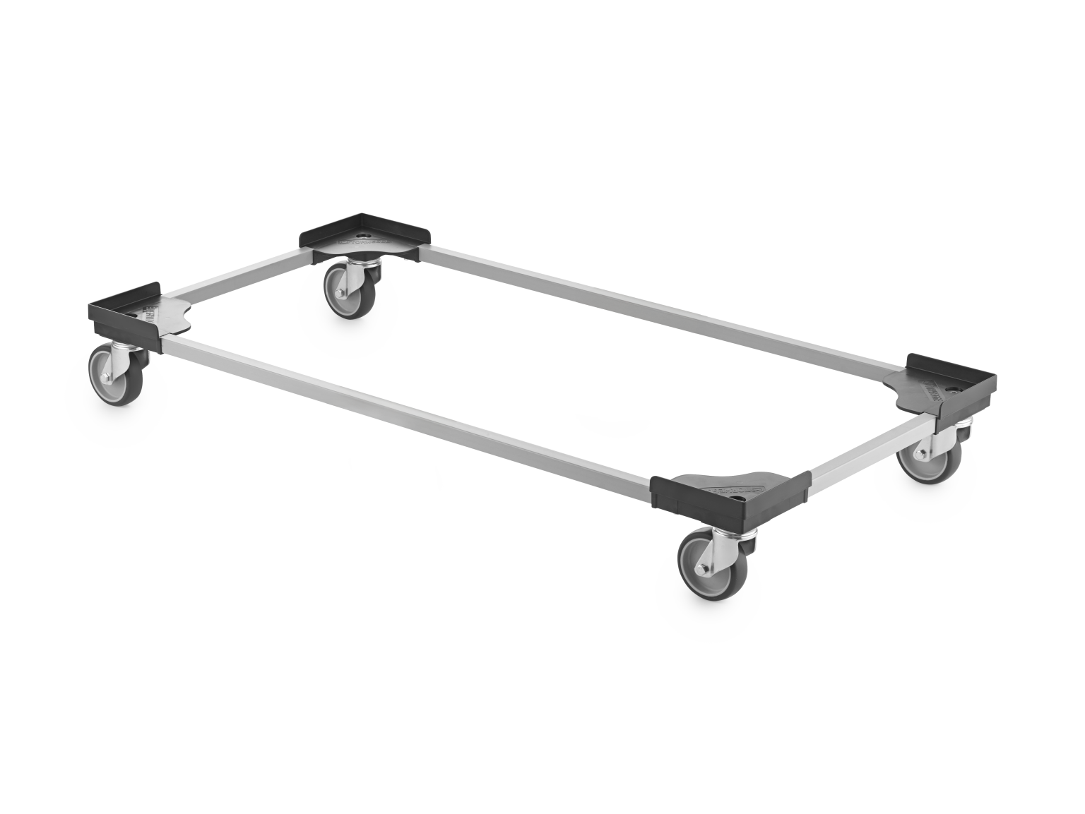 A rectangular transport trolley frame features four swivel castors at each corner. The metal frame is supported by plastic corner mounts, designed for mobility in an industrial setting.