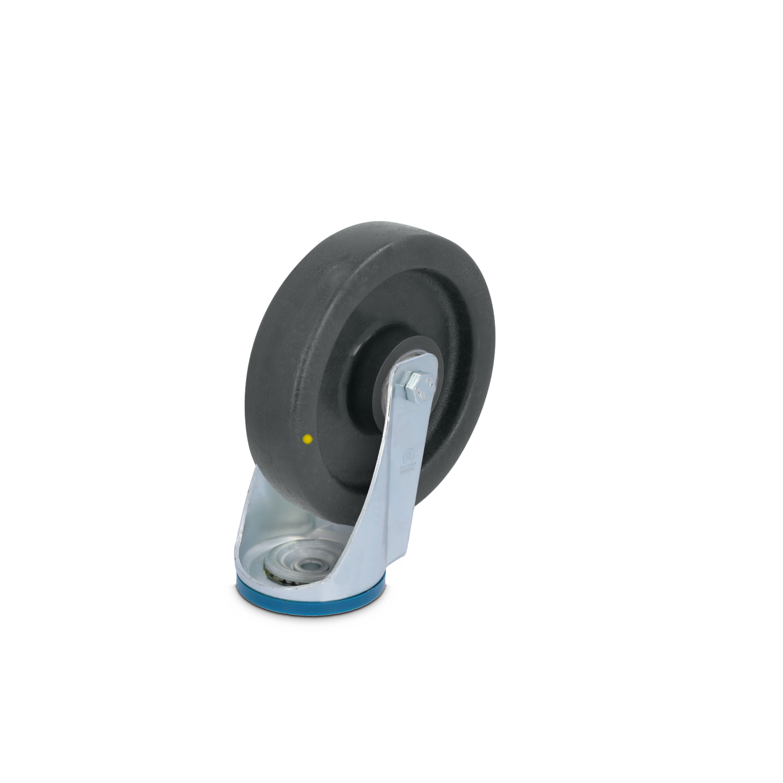 Zwarte wiel met een metalen bevestigingsbeugel. Het wiel heeft een geslepen rand en is geplaatst op een vlakke basis. De omgeving is neutraal en zorgt voor focus op het object.