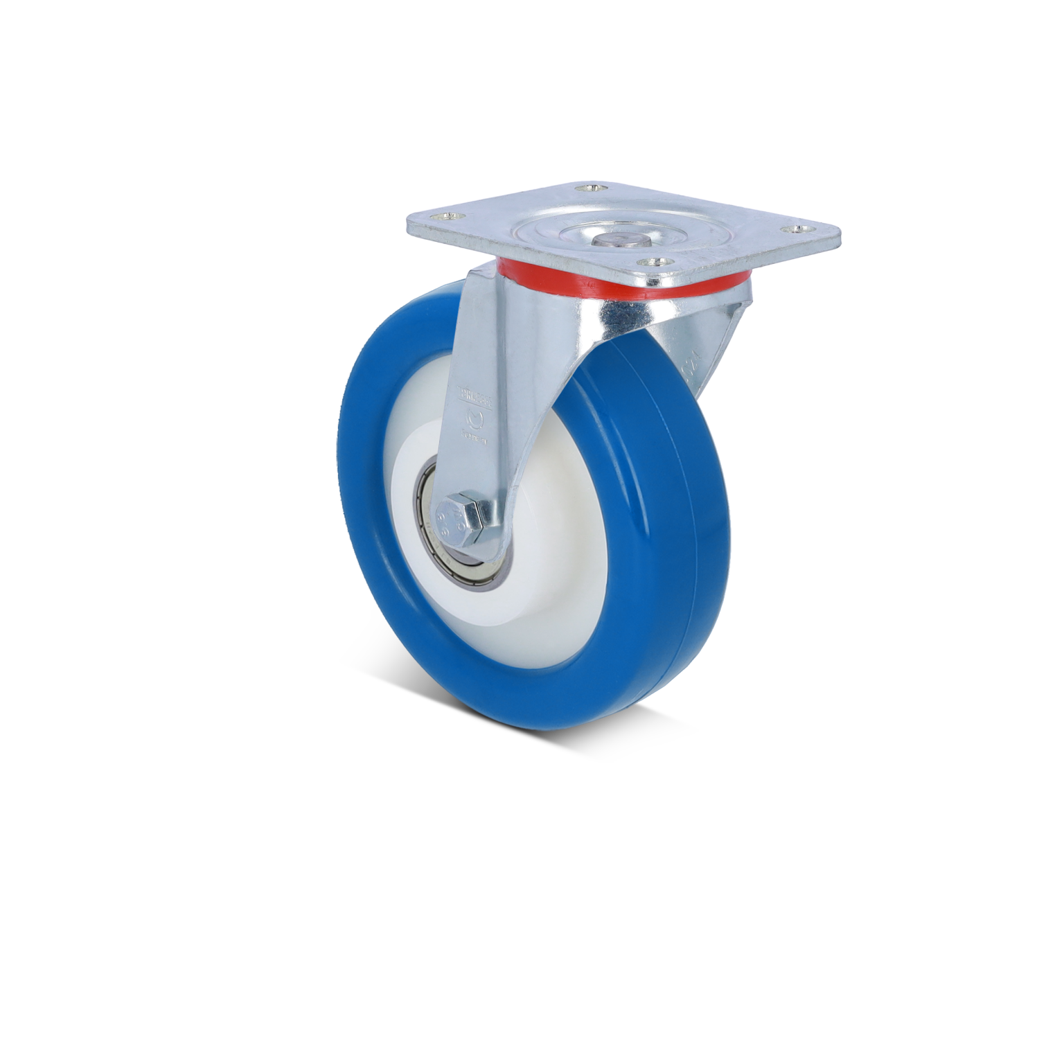 Ein blauer Vollgummirad mit einer weißen inneren Fläche ist an einer vernickelten Metallplatte befestigt. Es ist für industriellen Gebrauch gestaltet und hebt sich vor einem schwarzen Hintergrund ab.