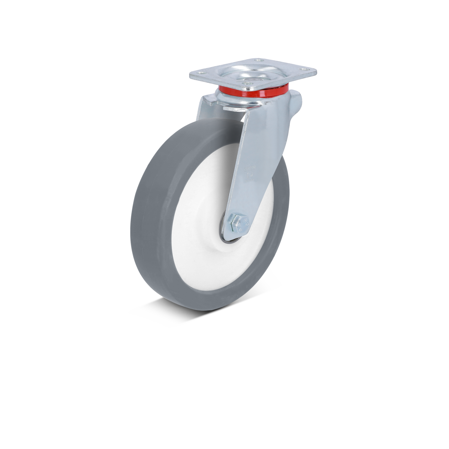 A gray industrial wheel with a white center is mounted on a metal swivel bracket. The bracket features a square mounting plate and a red ring, suitable for various material handling applications.