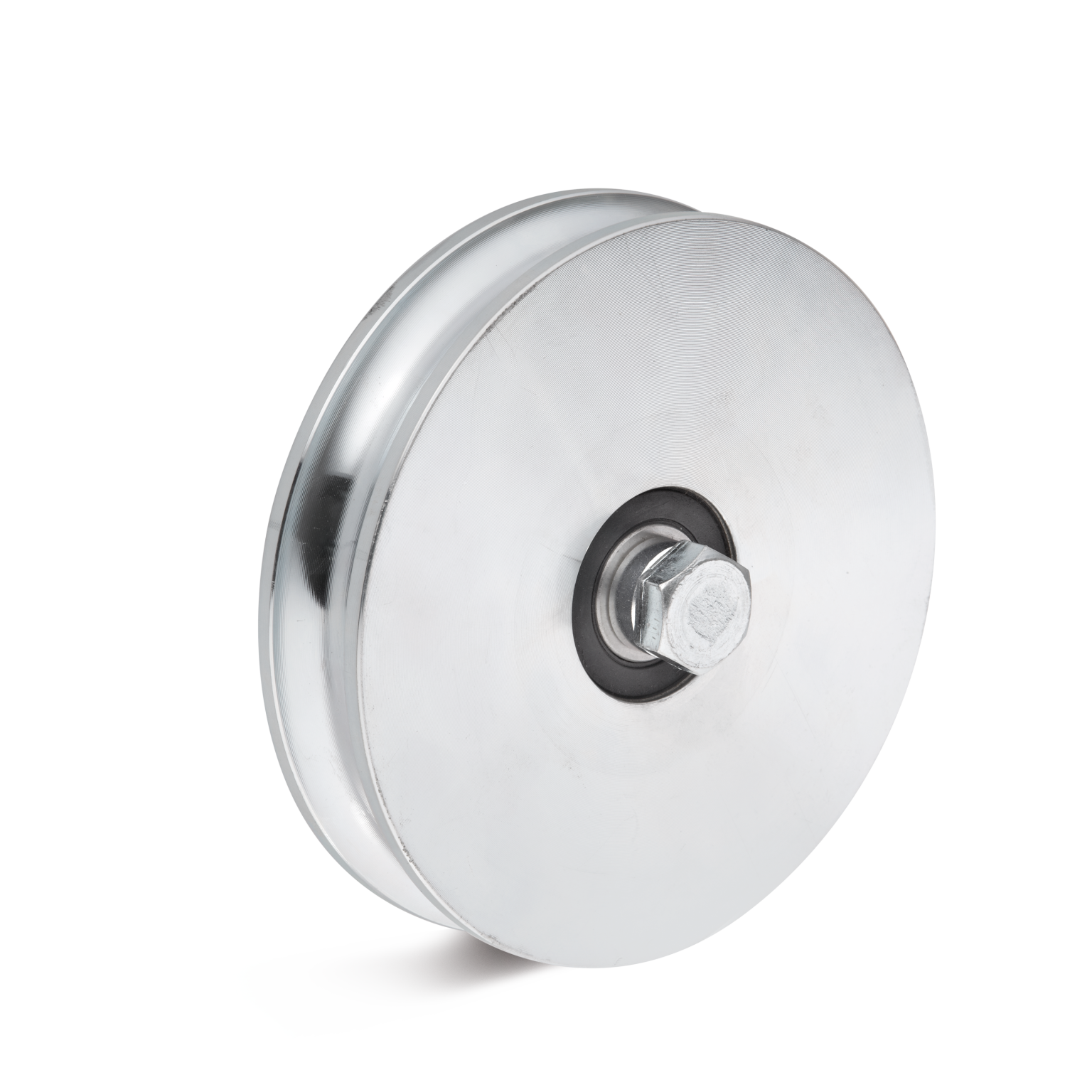 A metallic wheel with a smooth, shiny surface and a central bolt mounts to a base. It is positioned at an angle against a plain background, highlighting its industrial design.