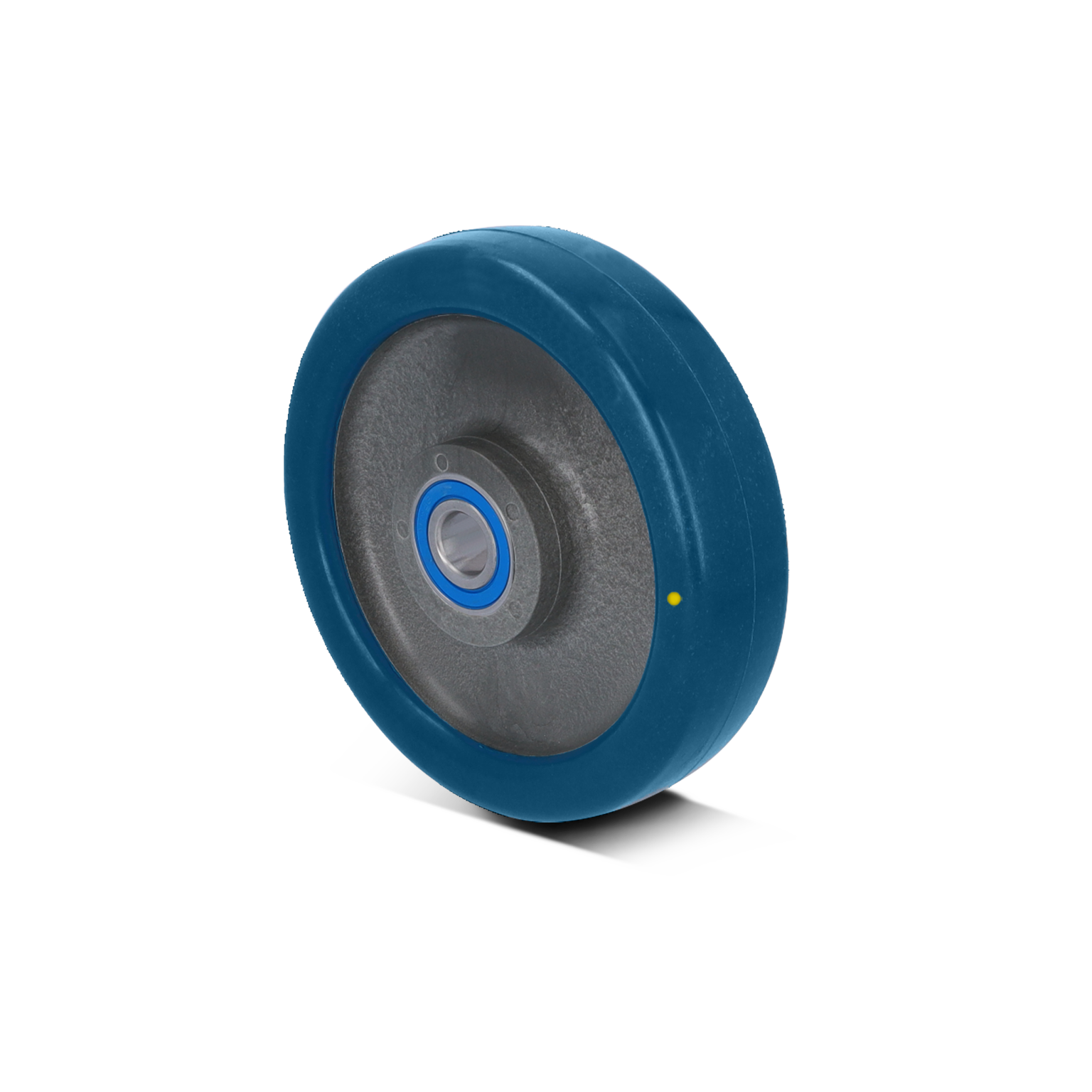 Blauwe industriële wiel met een grijze binnenkant en een blauwe ring rond het lagersysteem. Het wiel is zichtbaar op een neutrale achtergrond, gericht op de assen voor gebruik in transporttoepassingen.