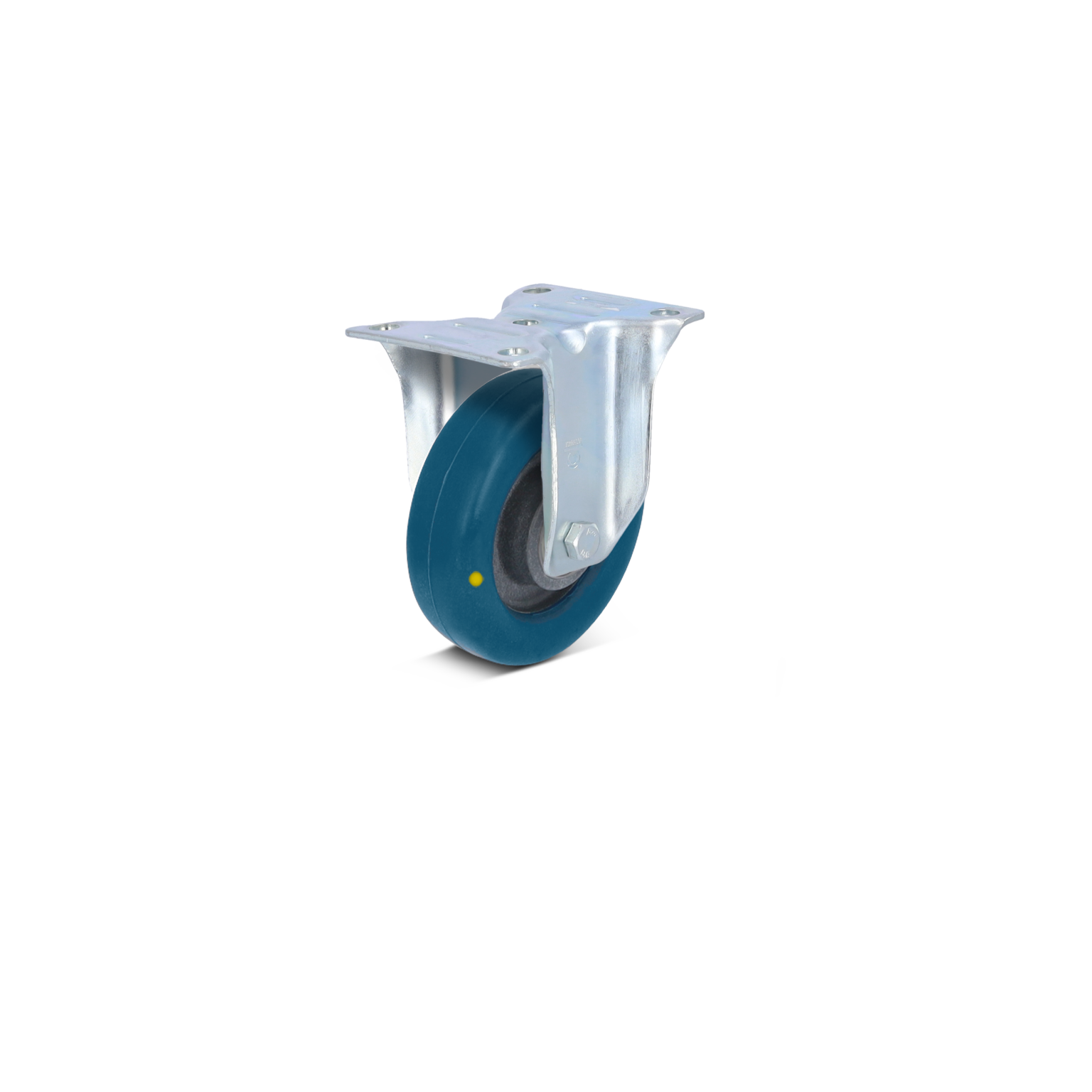 Zwenkwiel met een blauw rubberen loopvlak en een metalen bevestigingsplaat. Het wiel is gepositioneerd voor gebruik in intralogistiek. Geen aanvullende tekst zichtbaar.