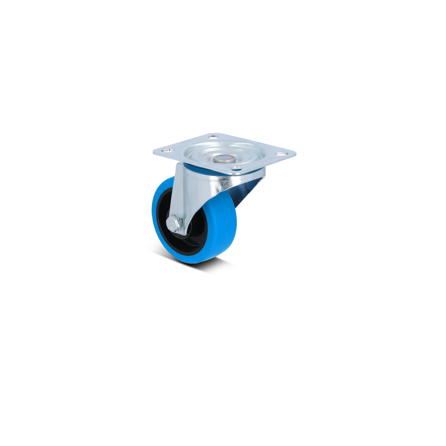 Ein blauer Rad mit schwarzer Lauffläche und verzinkter Halterung ist sichtbar. Es hat eine quadratische Montageplatte mit vier Löchern für Befestigungen. Der Hintergrund ist neutral.